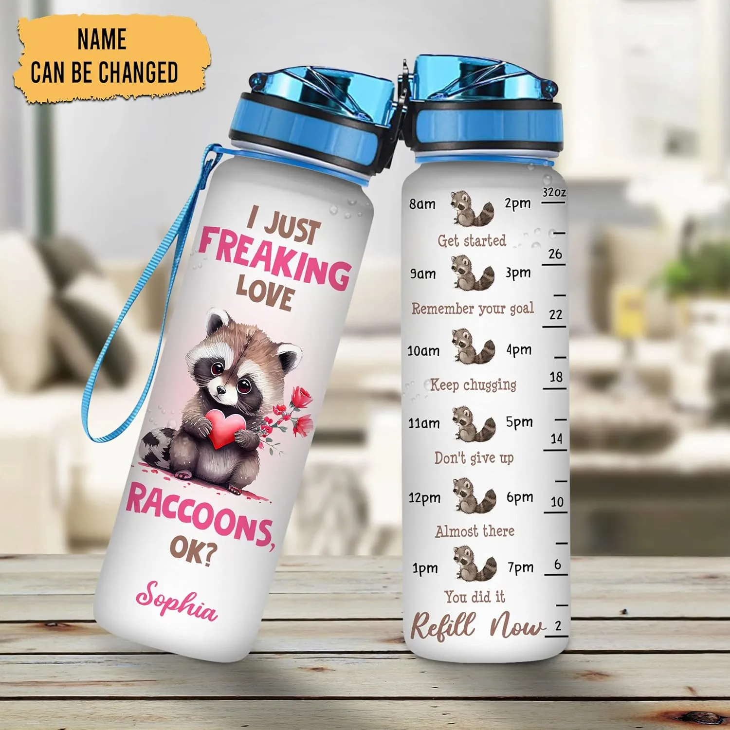 Hyturtle Personalized Raccoon Lovers Water Bottle - 32 Oz 1Liter Motivational Bottle With Time Marker, I Just Freaking Love Raccoons Custom Name, Gift For Animal Lovers, Women, Girls on Birthday