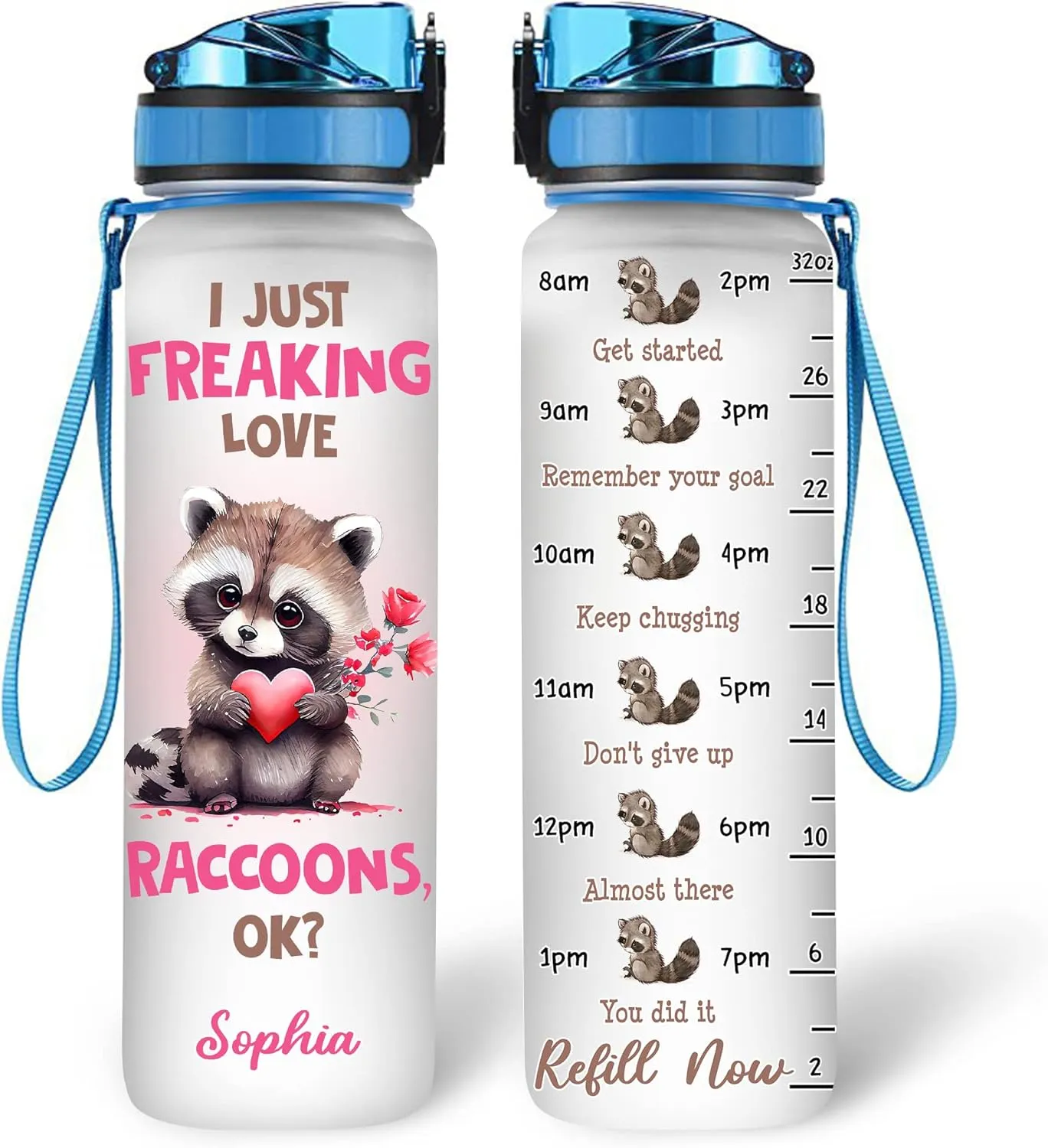 Hyturtle Personalized Raccoon Lovers Water Bottle - 32 Oz 1Liter Motivational Bottle With Time Marker, I Just Freaking Love Raccoons Custom Name, Gift For Animal Lovers, Women, Girls on Birthday