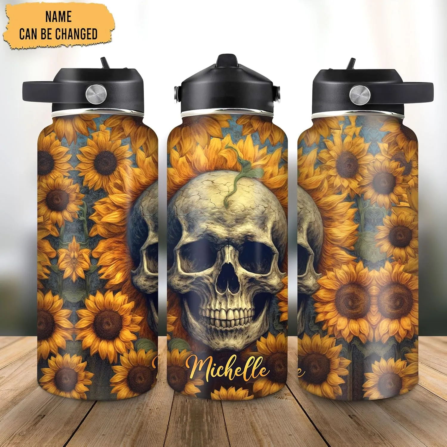 Hyturtle Personalized Skull Water Bottle - Travel Insulated Stainless Steel Bottle with Leak-Proof Lid 18oz 32oz - Sunflower Skull Gift for Women Girls Skull Lovers - Birthday & Christmas Gift