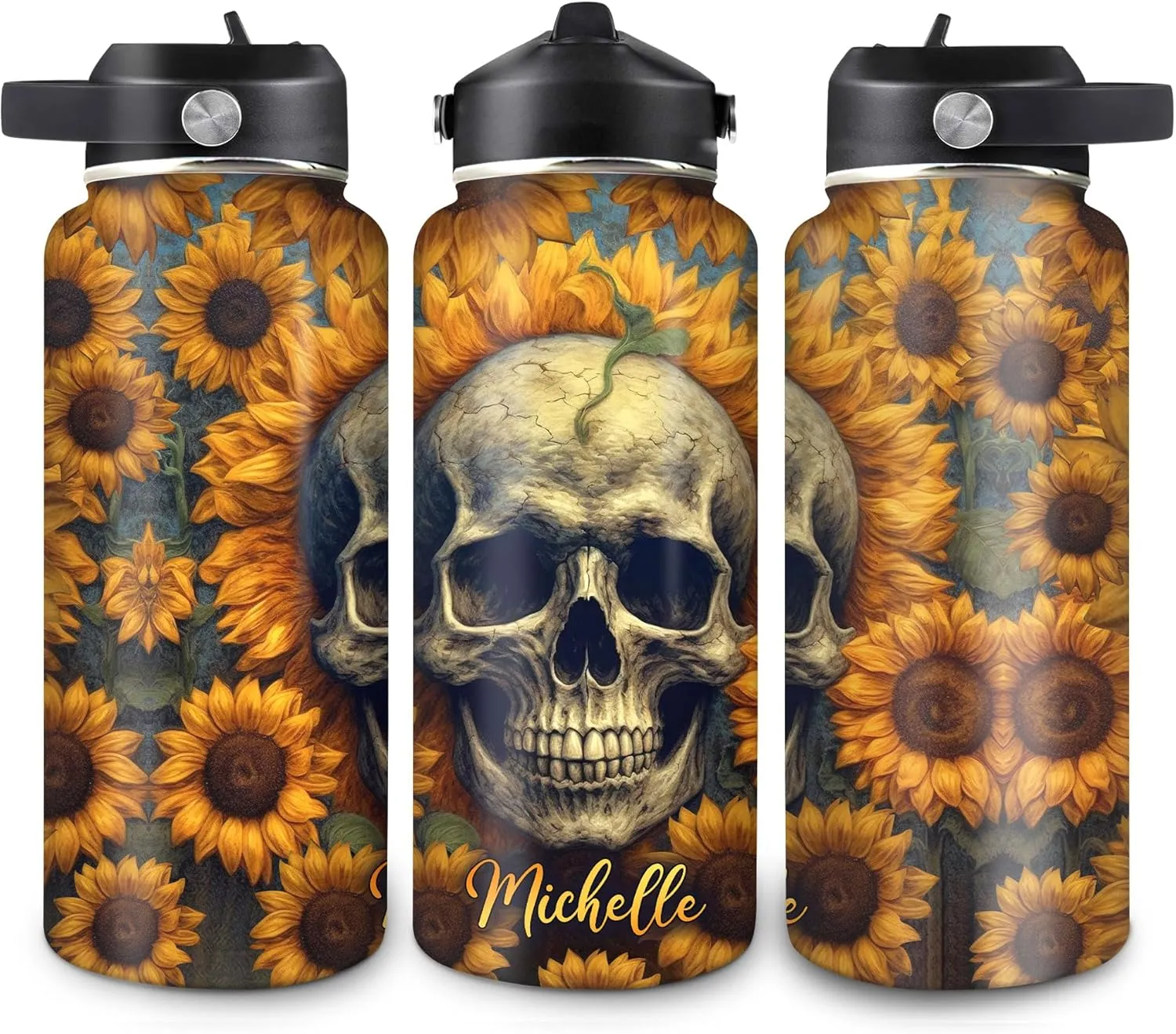 Hyturtle Personalized Skull Water Bottle - Travel Insulated Stainless Steel Bottle with Leak-Proof Lid 18oz 32oz - Sunflower Skull Gift for Women Girls Skull Lovers - Birthday & Christmas Gift