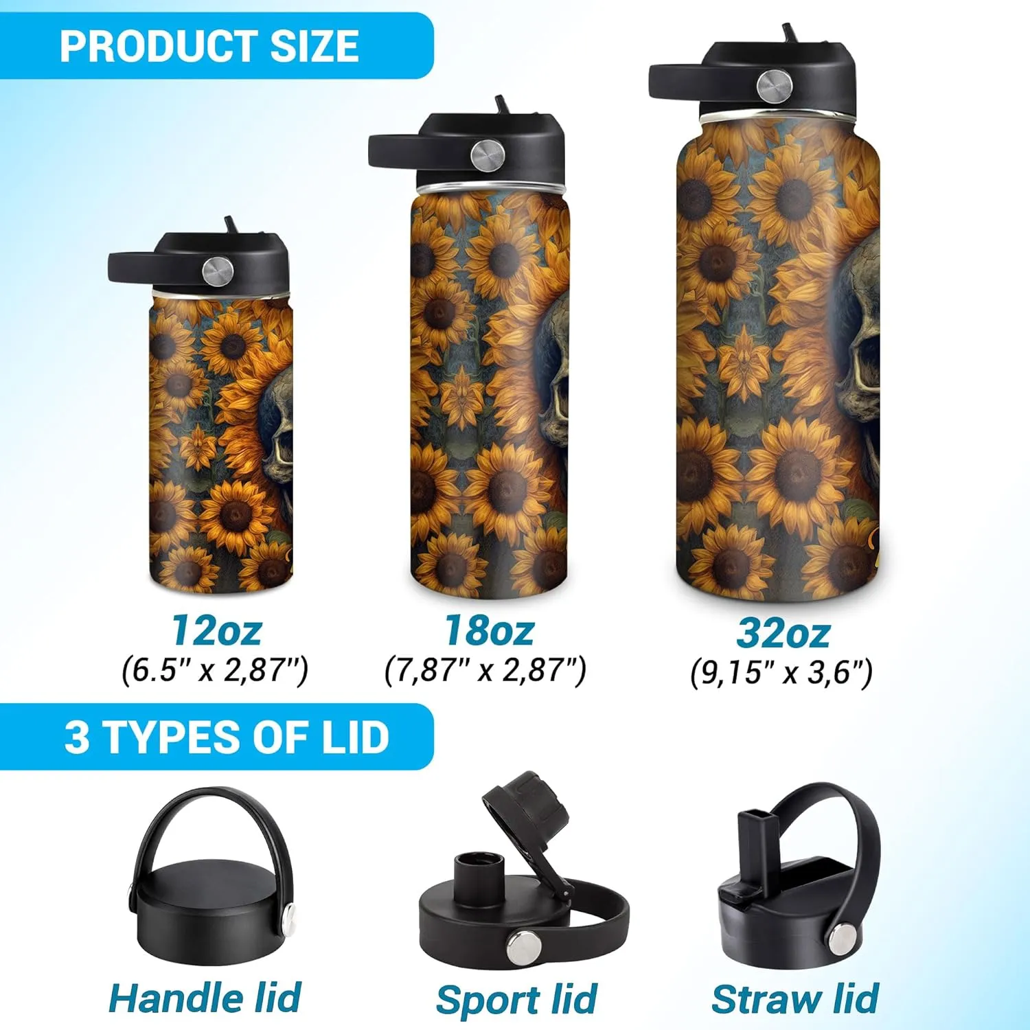 Hyturtle Personalized Skull Water Bottle - Travel Insulated Stainless Steel Bottle with Leak-Proof Lid 18oz 32oz - Sunflower Skull Gift for Women Girls Skull Lovers - Birthday & Christmas Gift