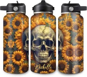 Hyturtle Personalized Skull Water Bottle - Travel Insulated Stainless Steel Bottle with Leak-Proof Lid 18oz 32oz - Sunflower Skull Gift for Women Girls Skull Lovers - Birthday & Christmas Gift