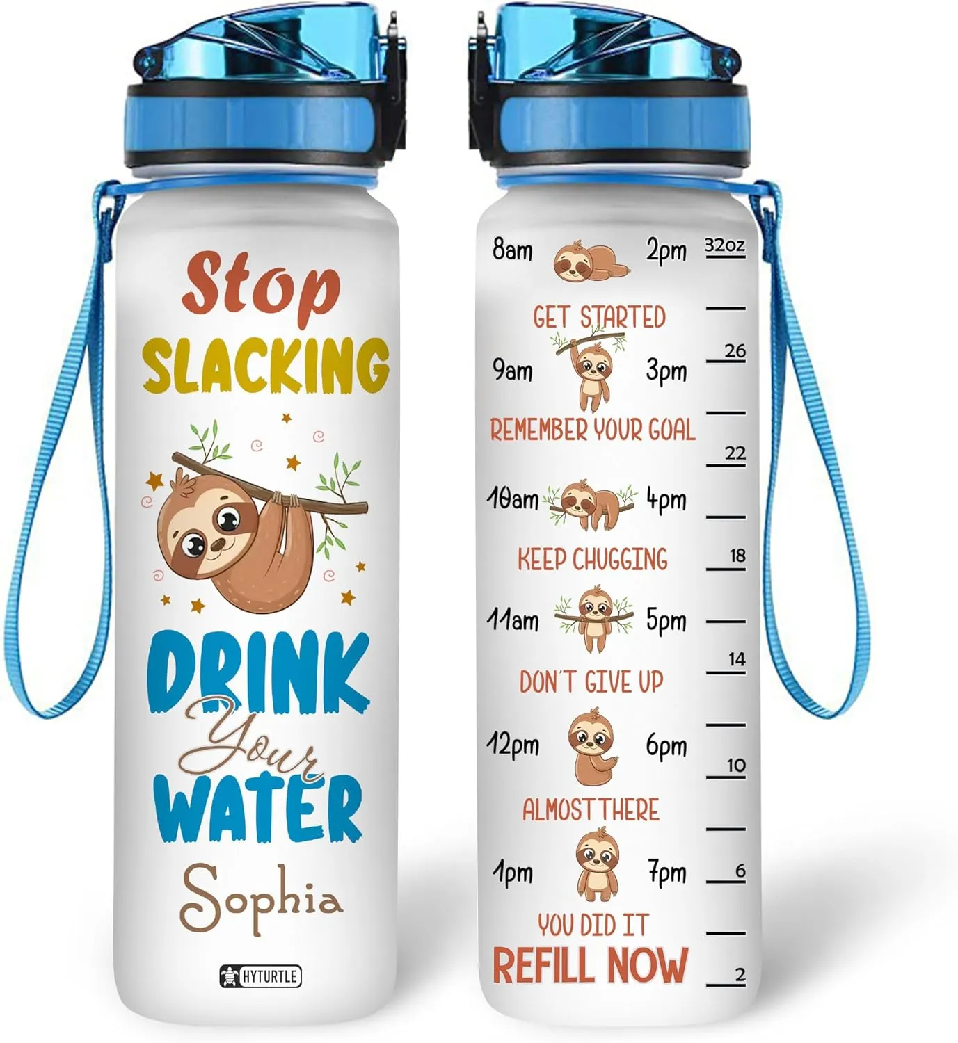 Hyturtle Personalized Sloth Water Bottle - 32oz Motivational Water Bottle with Leak-Proof Lid & Time Marker - Custom Name Gift for Sloth Lovers, Nature Lovers, Animal Enthusiasts On Birthday Christmas