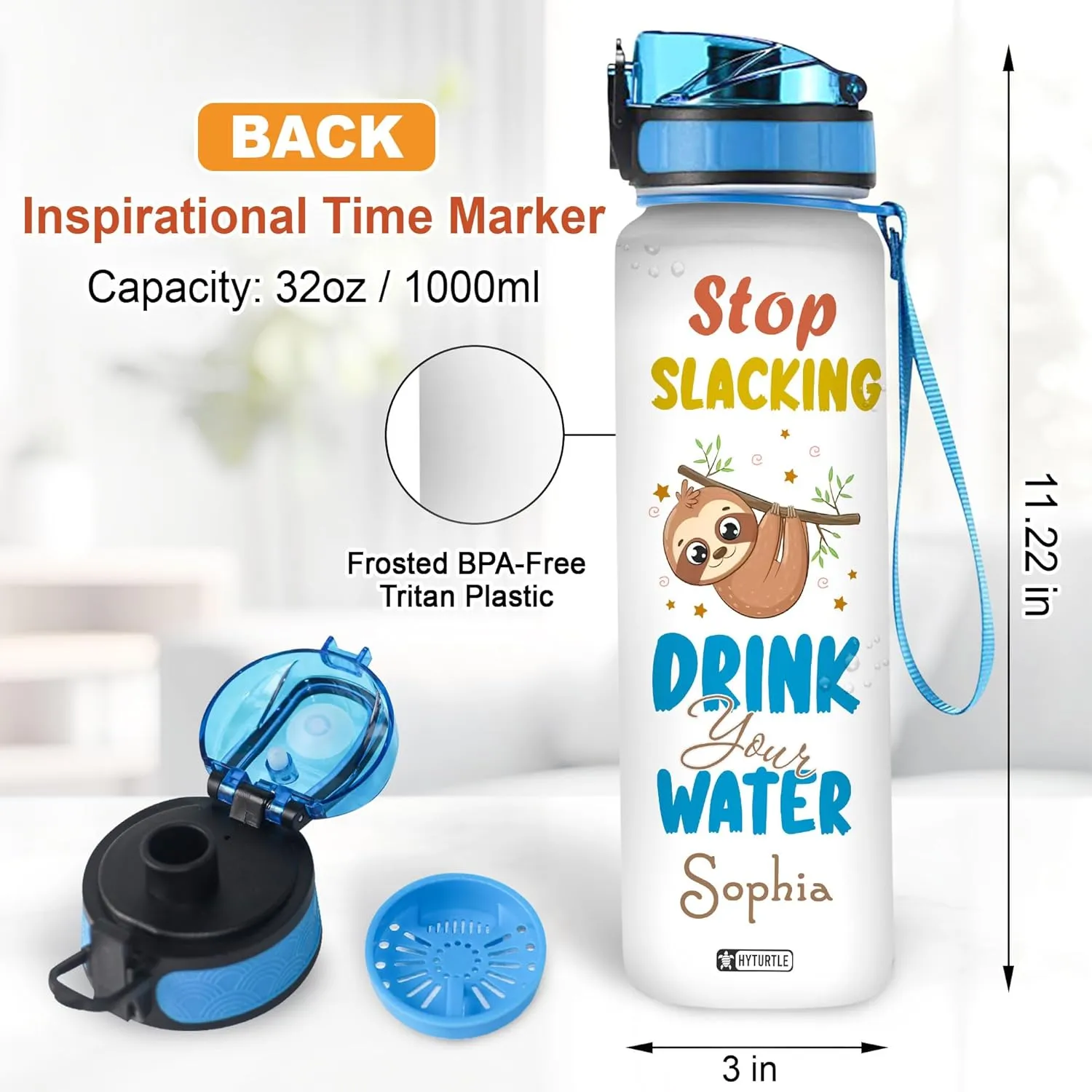 Hyturtle Personalized Sloth Water Bottle - 32oz Motivational Water Bottle with Leak-Proof Lid & Time Marker - Custom Name Gift for Sloth Lovers, Nature Lovers, Animal Enthusiasts On Birthday Christmas