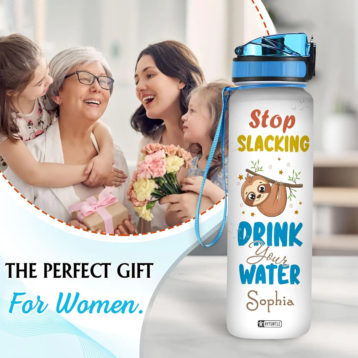 Hyturtle Personalized Sloth Water Bottle - 32oz Motivational Water Bottle with Leak-Proof Lid & Time Marker - Custom Name Gift for Sloth Lovers, Nature Lovers, Animal Enthusiasts On Birthday Christmas