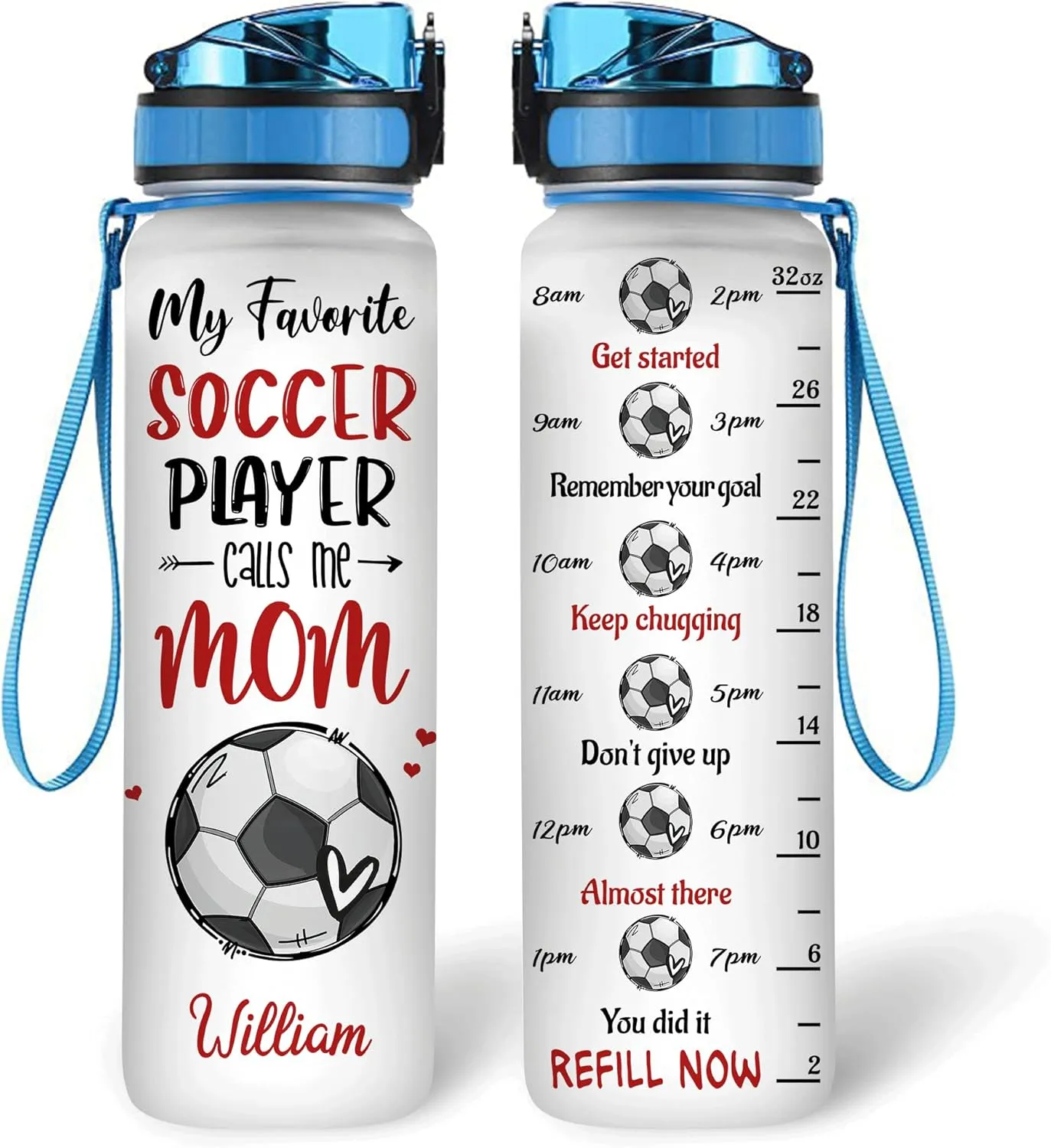 Hyturtle Personalized Soccer Mom 32Oz Liter Motivational Water Bottle, Customized Name With Time Marker, Gifts For Women Girls Boys Friends Soccer Lovers On Birthday Anniversary Mother's Day