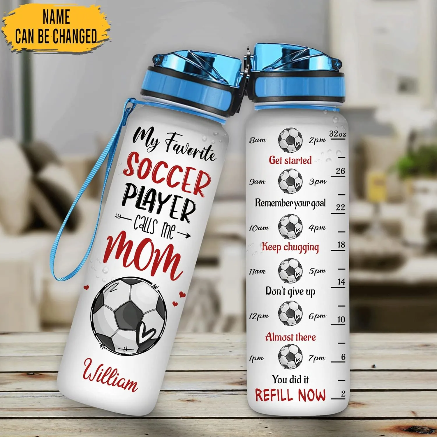 Hyturtle Personalized Soccer Mom 32Oz Liter Motivational Water Bottle, Customized Name With Time Marker, Gifts For Women Girls Boys Friends Soccer Lovers On Birthday Anniversary Mother's Day