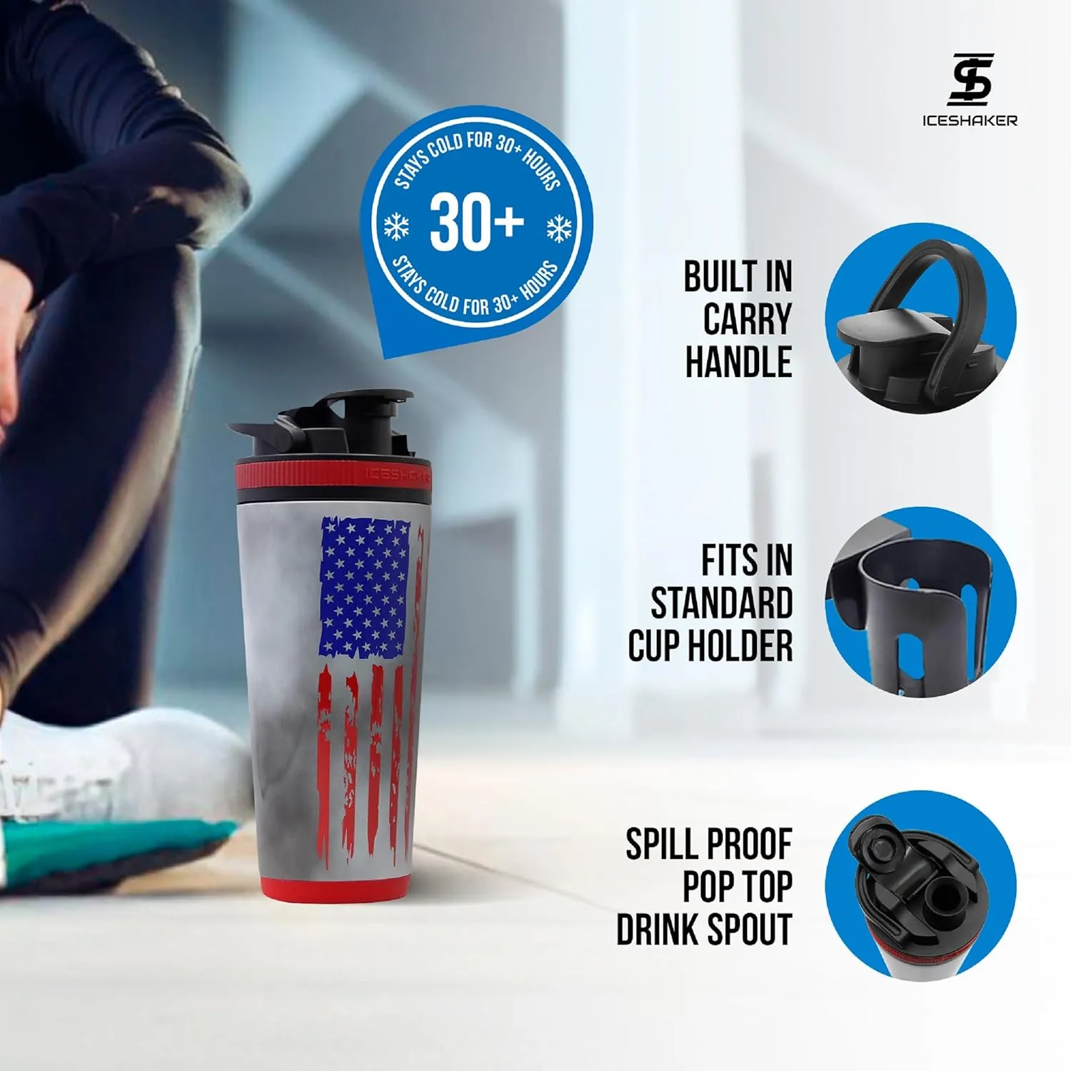 Ice Shaker Insulated Stainless Steel Shaker Bottle | 26oz, American Flag | Cold for 30  Hours | Insulated Cup with Twist-on Agitator | Odor-Free Shaker Cup for Protein Shakes, Smoothies, Cocktails