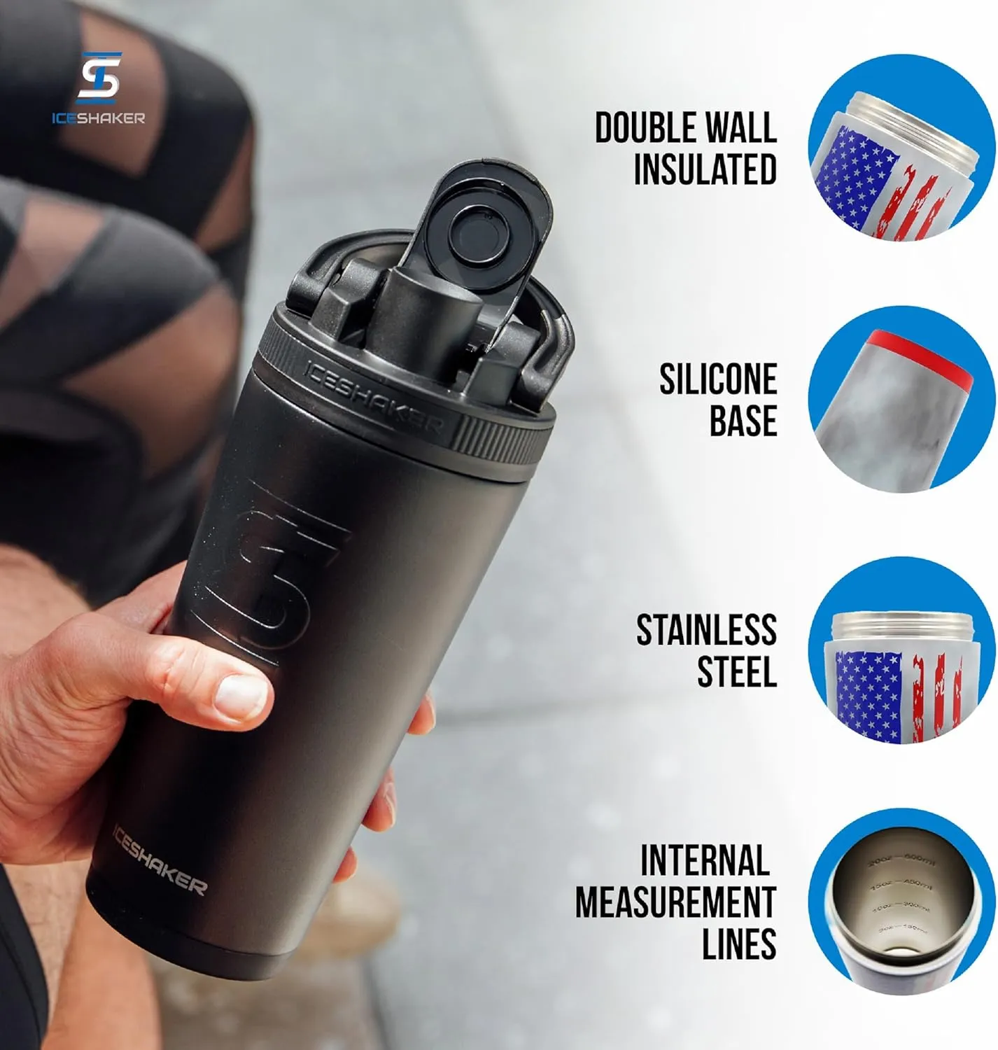 Ice Shaker Insulated Stainless Steel Shaker Bottle | 26oz, American Flag | Cold for 30  Hours | Insulated Cup with Twist-on Agitator | Odor-Free Shaker Cup for Protein Shakes, Smoothies, Cocktails