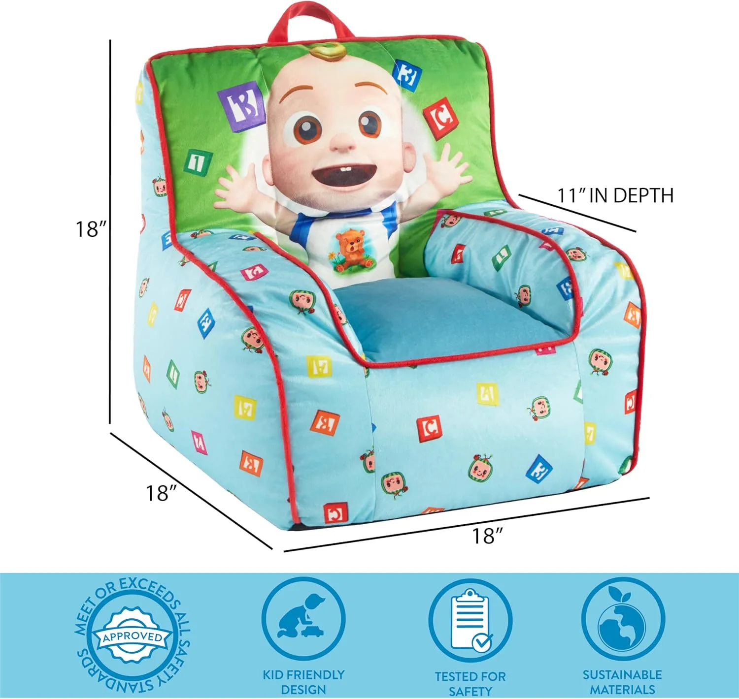 Idea Nuova Cocomelon Kids Mink Plush Bean Bag Chair with Piping & Top Carry Handle , Large