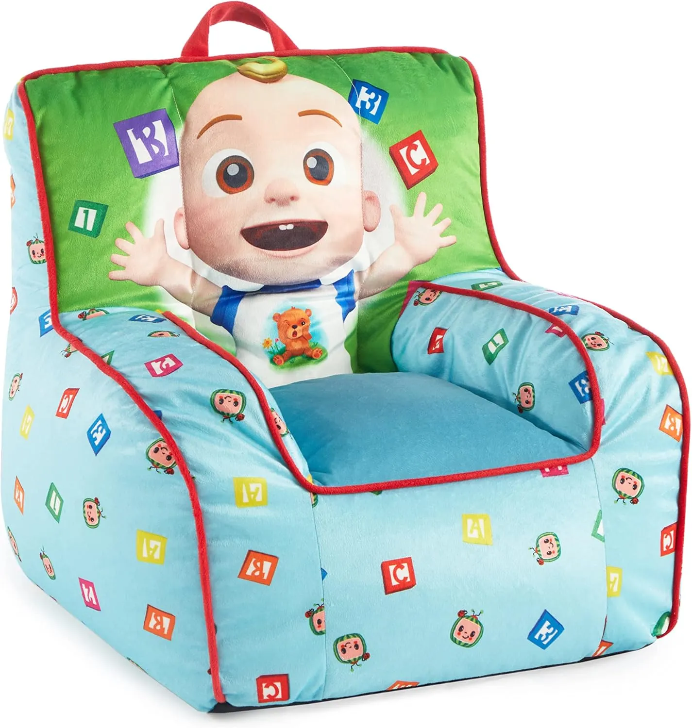 Idea Nuova Cocomelon Kids Mink Plush Bean Bag Chair with Piping & Top Carry Handle , Large