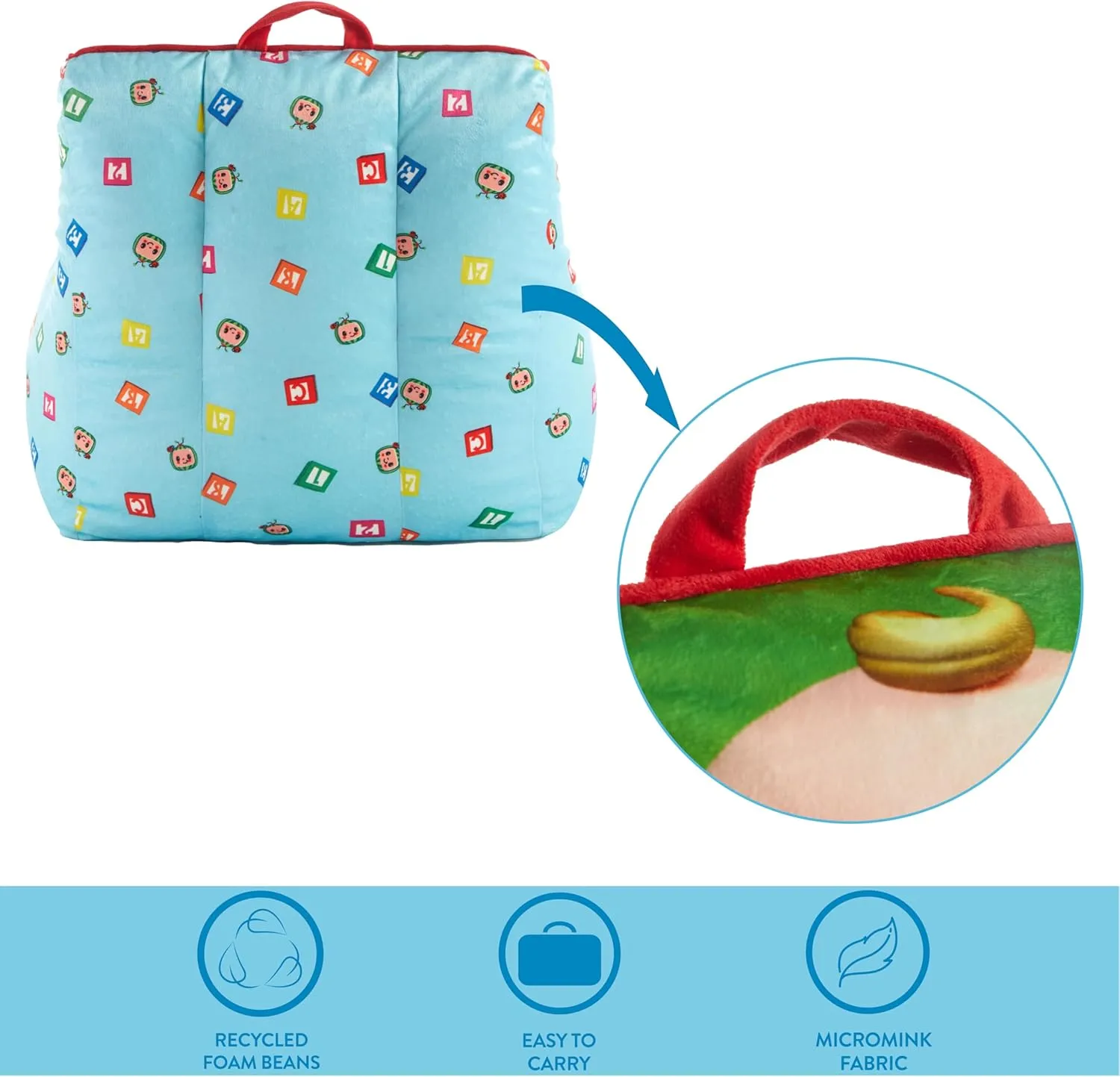 Idea Nuova Cocomelon Kids Mink Plush Bean Bag Chair with Piping & Top Carry Handle , Large