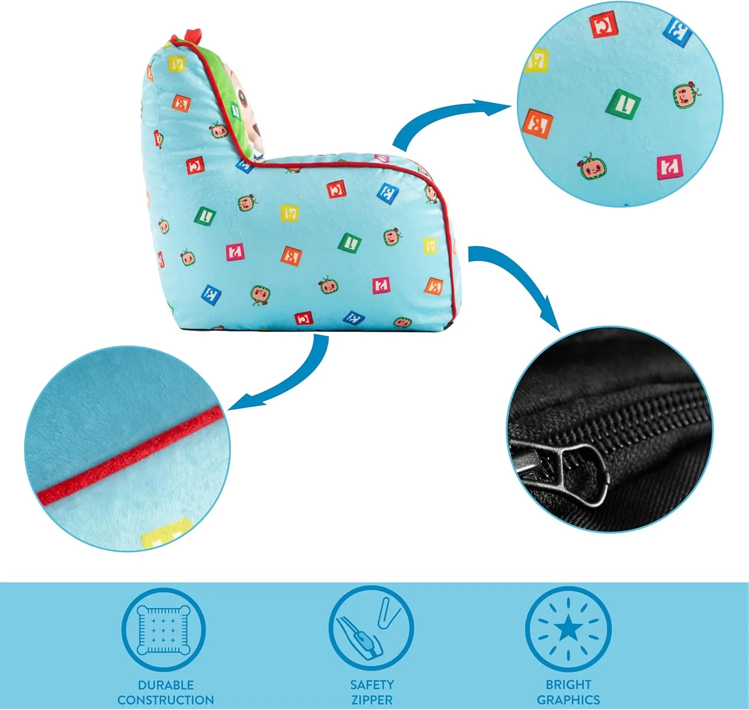Idea Nuova Cocomelon Kids Mink Plush Bean Bag Chair with Piping & Top Carry Handle , Large