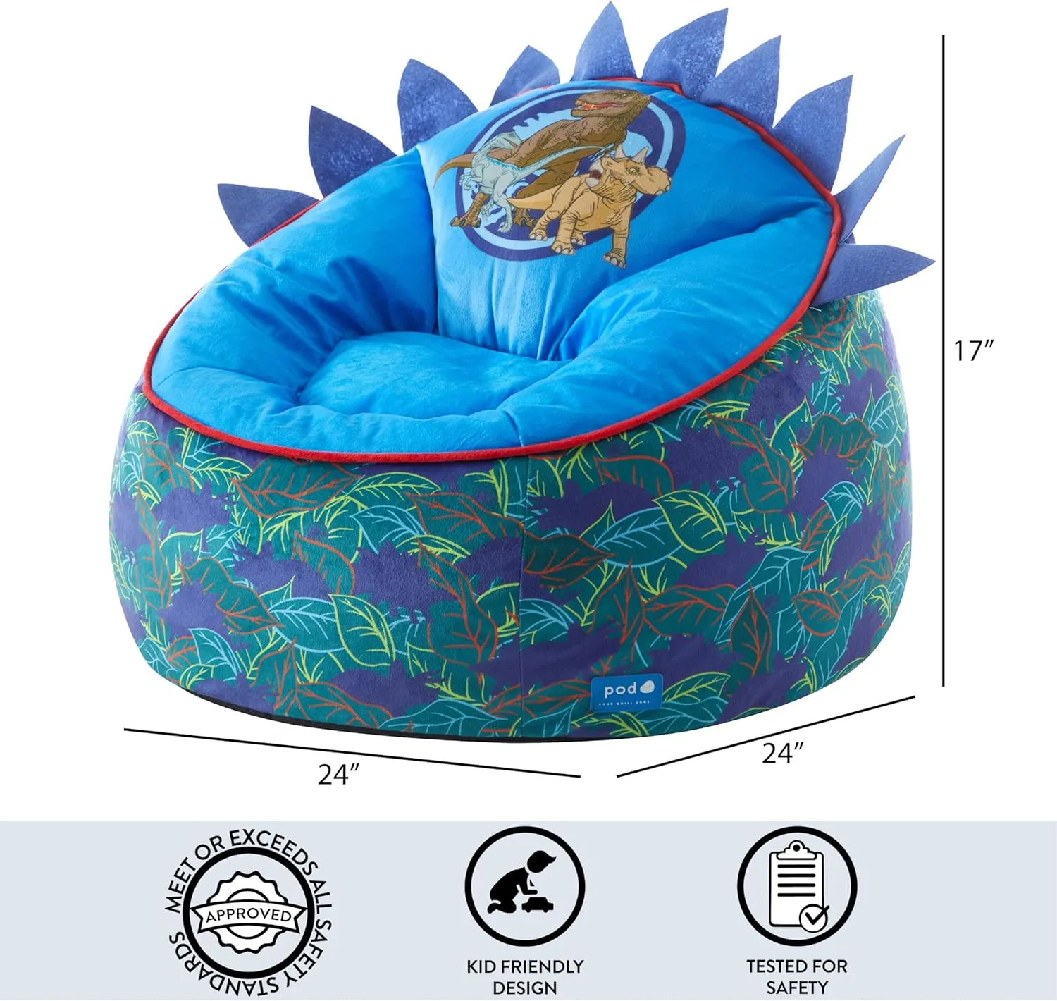 Idea Nuova Jurassic World Hillside by pod Plush Kids Bean Bag Chair, 24" Hx24 Hx17 H, Large