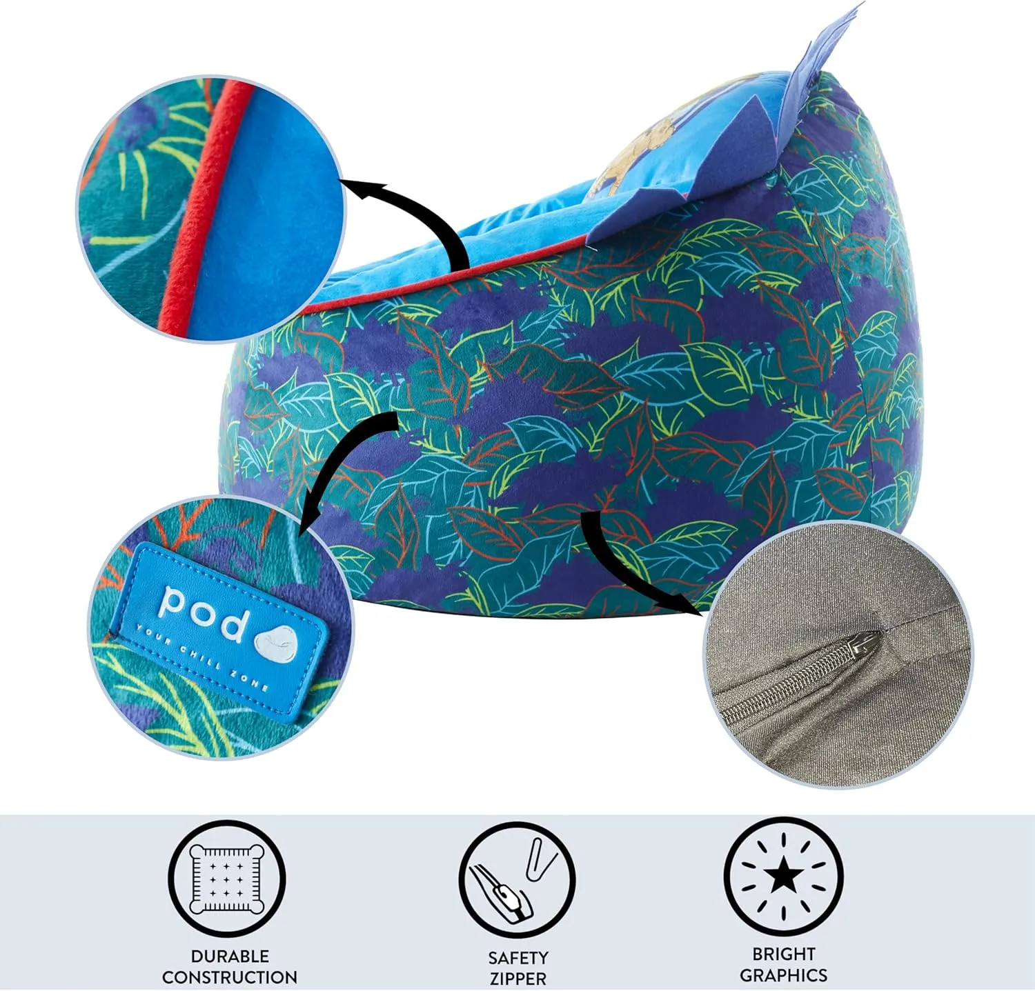 Idea Nuova Jurassic World Hillside by pod Plush Kids Bean Bag Chair, 24" Hx24 Hx17 H, Large