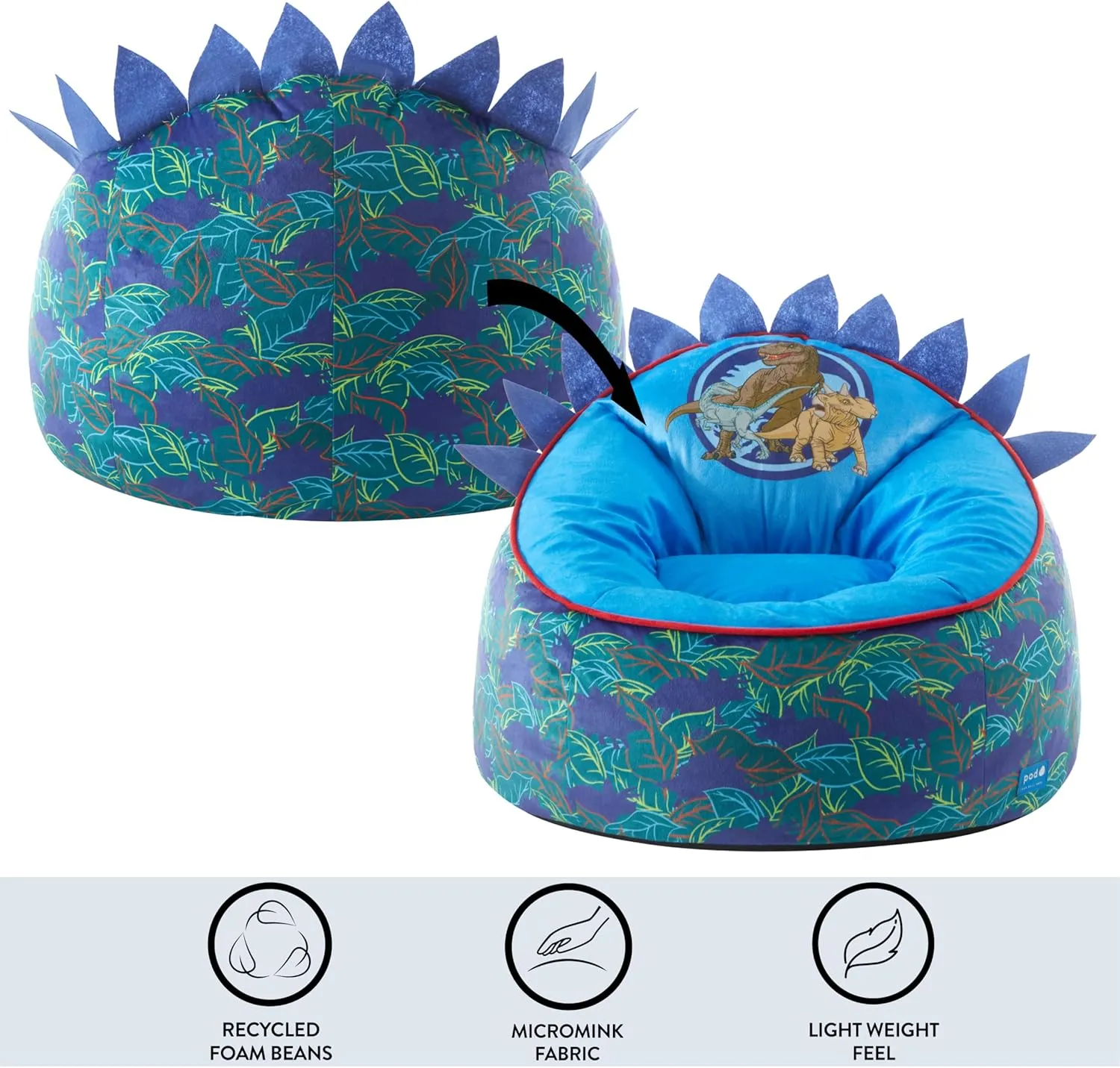 Idea Nuova Jurassic World Hillside by pod Plush Kids Bean Bag Chair, 24" Hx24 Hx17 H, Large