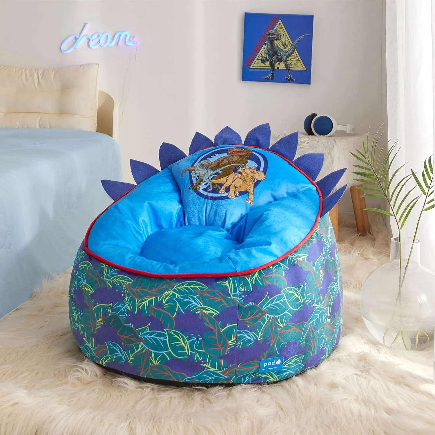 Idea Nuova Jurassic World Hillside by pod Plush Kids Bean Bag Chair, 24" Hx24 Hx17 H, Large