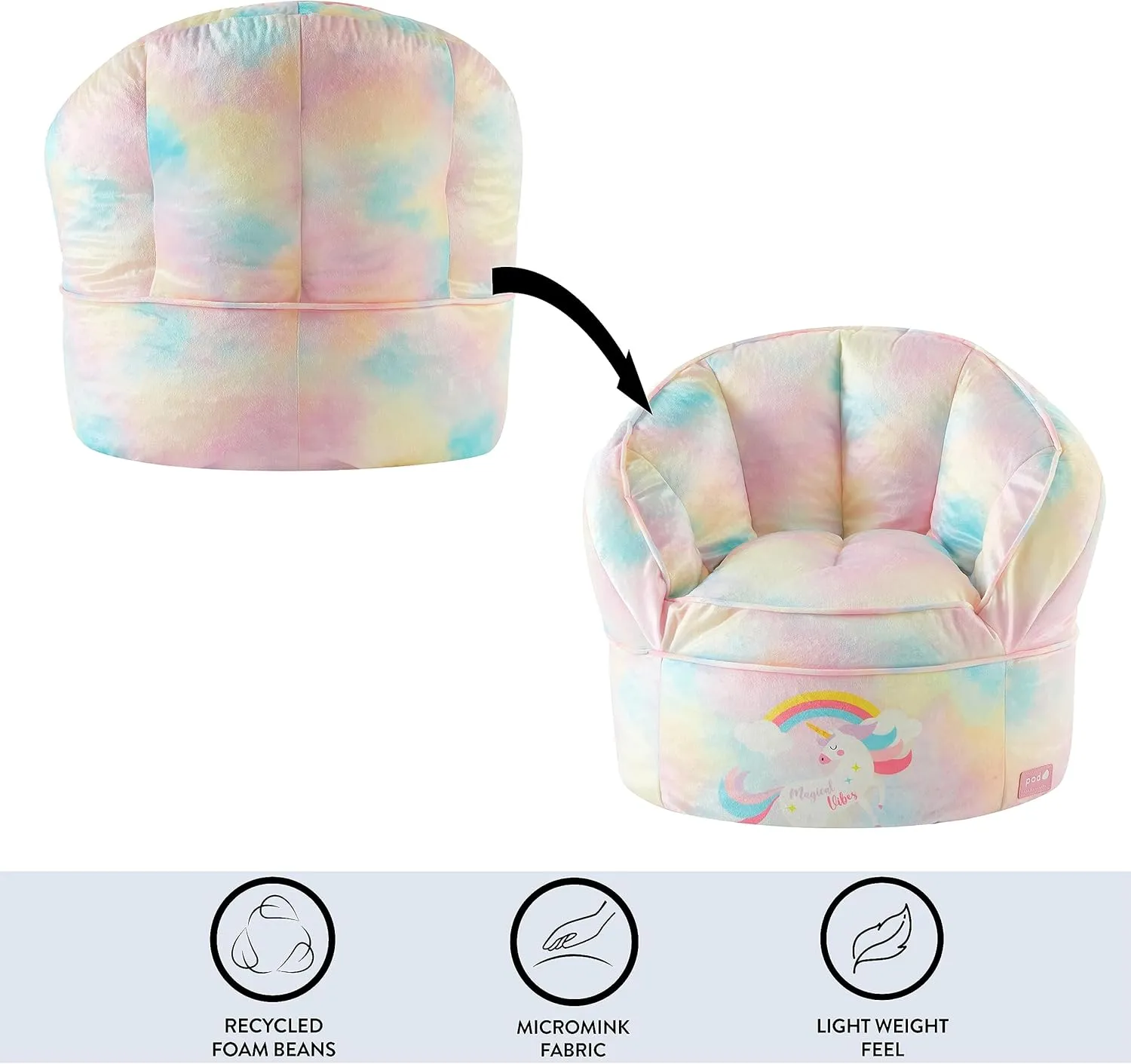 Idea Nuova Unicorn Round Bean Bag Chair for Kids, Ages 3 , Large