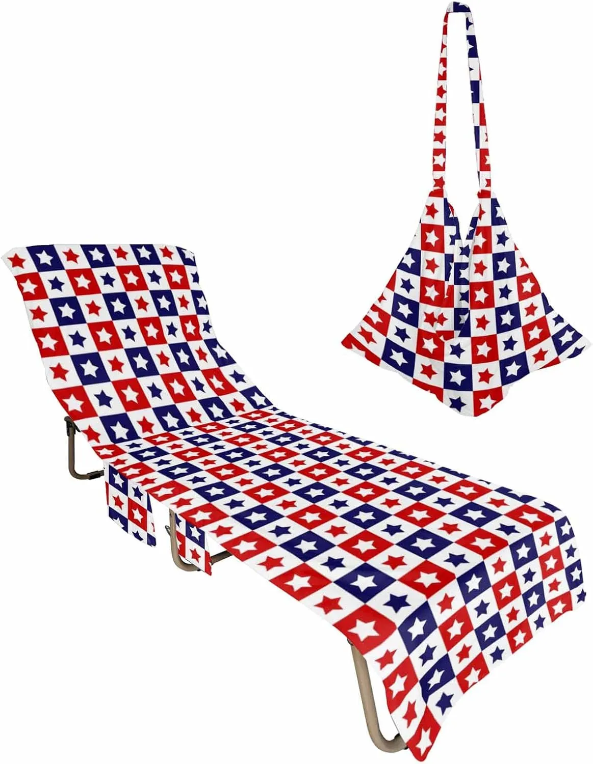 Independence Day Five-pointed Star Filling Chaise Lounger Cover with Pockets, Pool Lounge Chair Covers 85"x29", Buffalo Red Blue Checker Flag Day Microfiber Beach Chair Cover for Patio