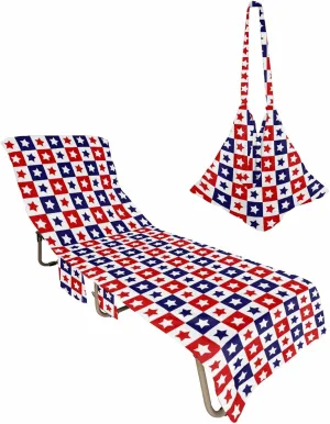 Independence Day Five-pointed Star Filling Chaise Lounger Cover with Pockets, Pool Lounge Chair Covers 85"x29", Buffalo Red Blue Checker Flag Day Microfiber Beach Chair Cover for Patio