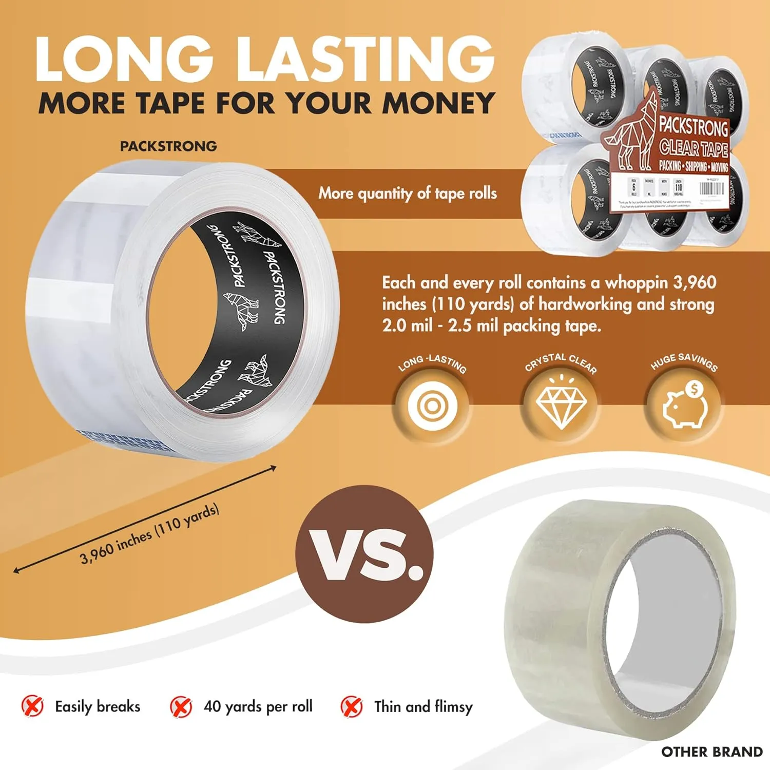 Industrial Grade Clear Packing Tape 6 Rolls - 110 Yards per Roll - 3" Wide x 2.0 mil Thick, Acrylic Adhesive Heavy Duty Tape for Box Office Moving Packaging Shipping
