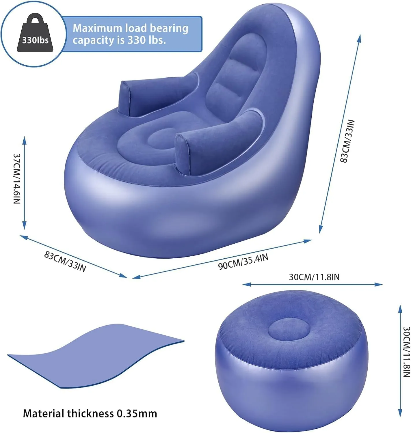 Inflatable Couch with Armrest＆Ottoman, Blow Up Lounger Chair,Folding Air Chair for Adults,Inflatable Lazy Sofa Perfect for Rooms, Camping or Home(Without Pump)