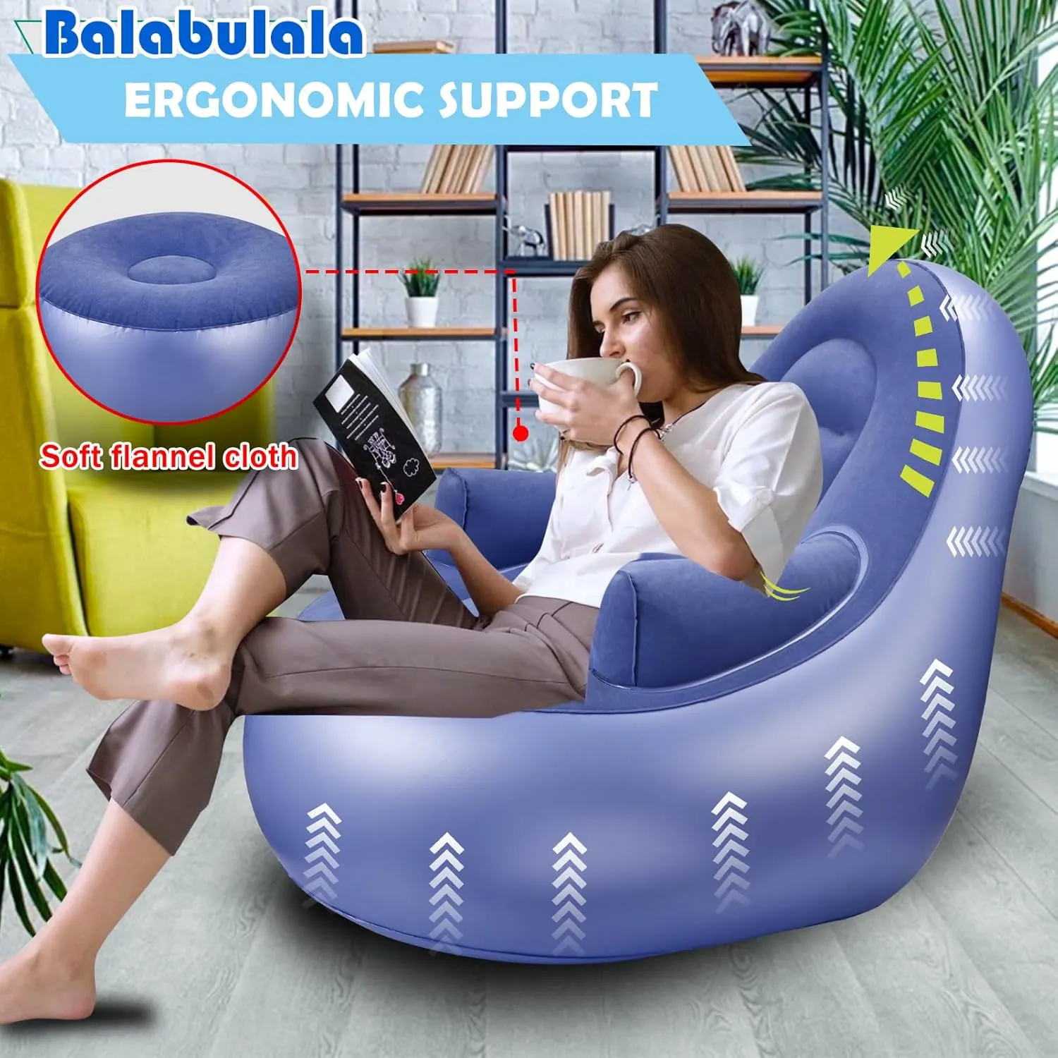Inflatable Couch with Armrest＆Ottoman, Blow Up Lounger Chair,Folding Air Chair for Adults,Inflatable Lazy Sofa Perfect for Rooms, Camping or Home(Without Pump)