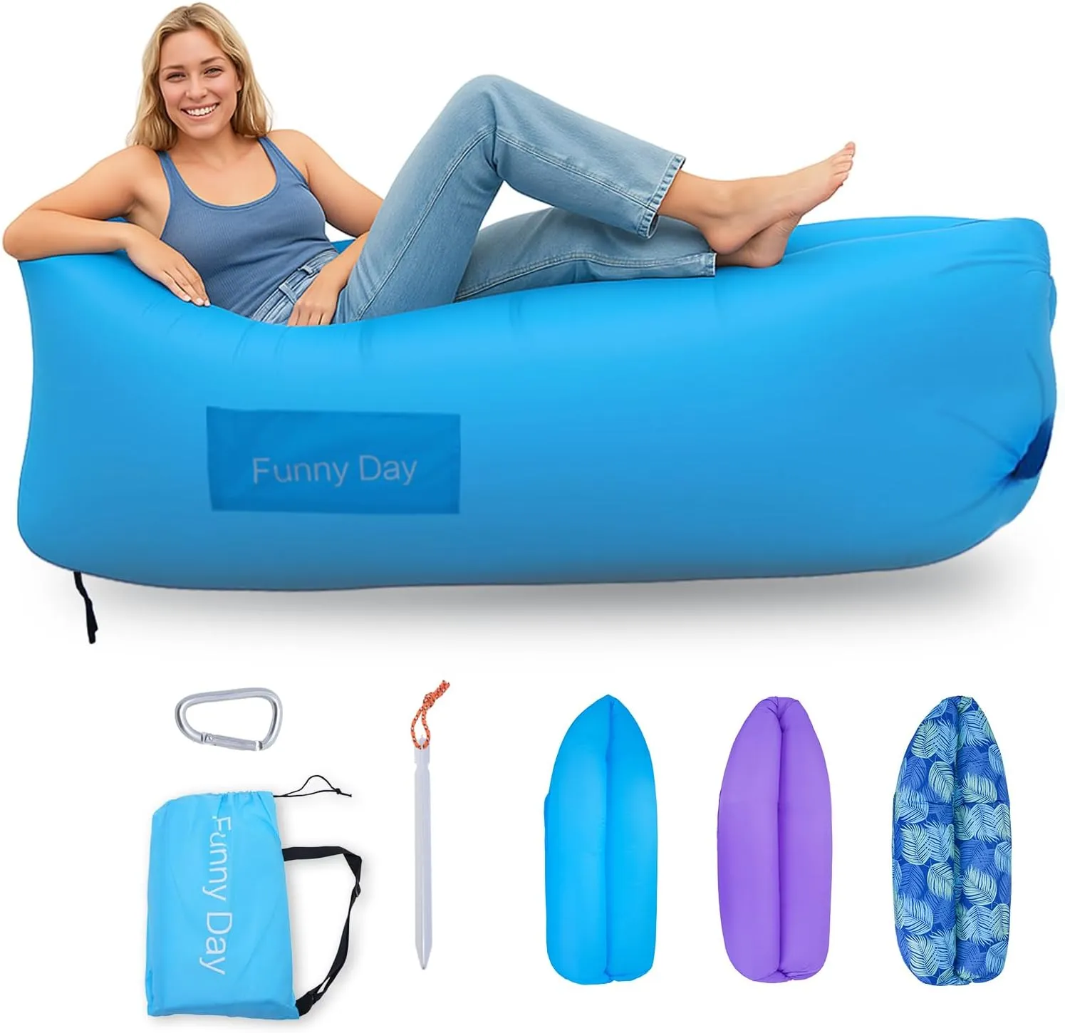 Inflatable Lounger, 210T polyester air sofa , inflatable couch for camping , can withstand 450 lbs air chair, pocket and matching bag, convenient beach blow up couch，Ideal Outdoor Gifts for Adults