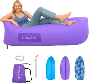 Inflatable Lounger, 210T polyester air sofa , inflatable couch for camping , can withstand 450 lbs air chair, pocket and matching bag, convenient beach blow up couch，Ideal Outdoor Gifts for Adults