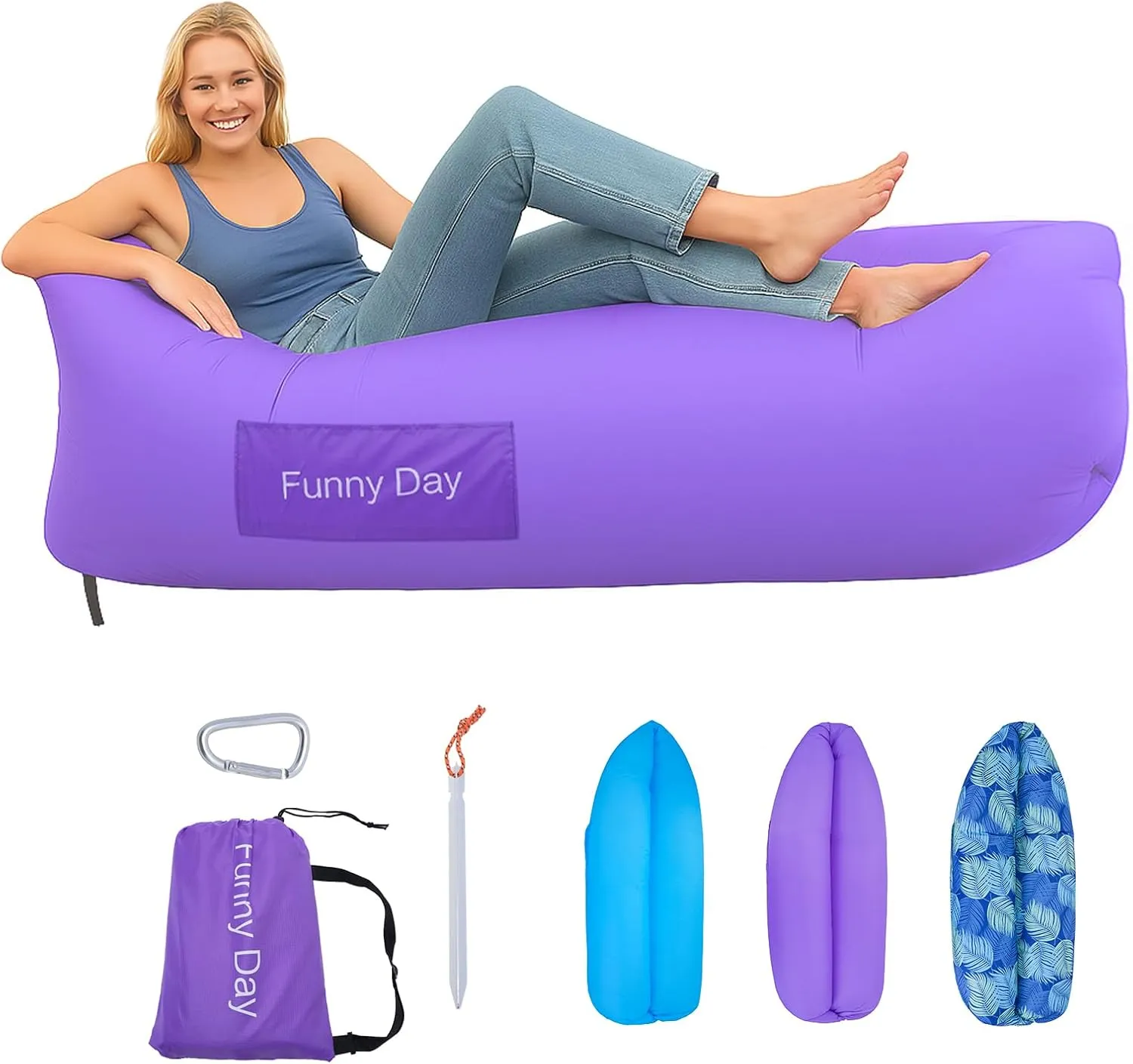 Inflatable Lounger, 210T polyester air sofa , inflatable couch for camping , can withstand 450 lbs air chair, pocket and matching bag, convenient beach blow up couch，Ideal Outdoor Gifts for Adults