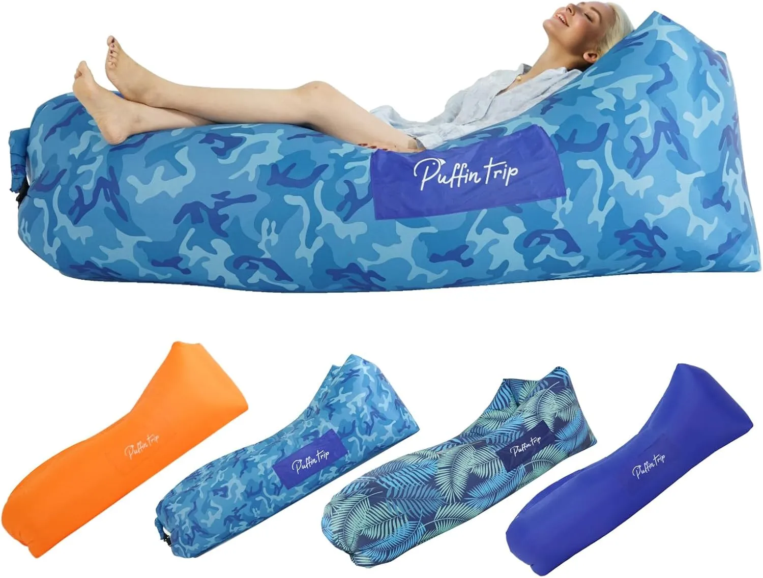 Inflatable Lounger Ergonomic Air Sofa Couch, Portable Beach & Camping Chair, Water Proof Couch for Picnics Hiking Outdoor Music Festivals, Lightweight and Easy Setup (Camouflage Blue)