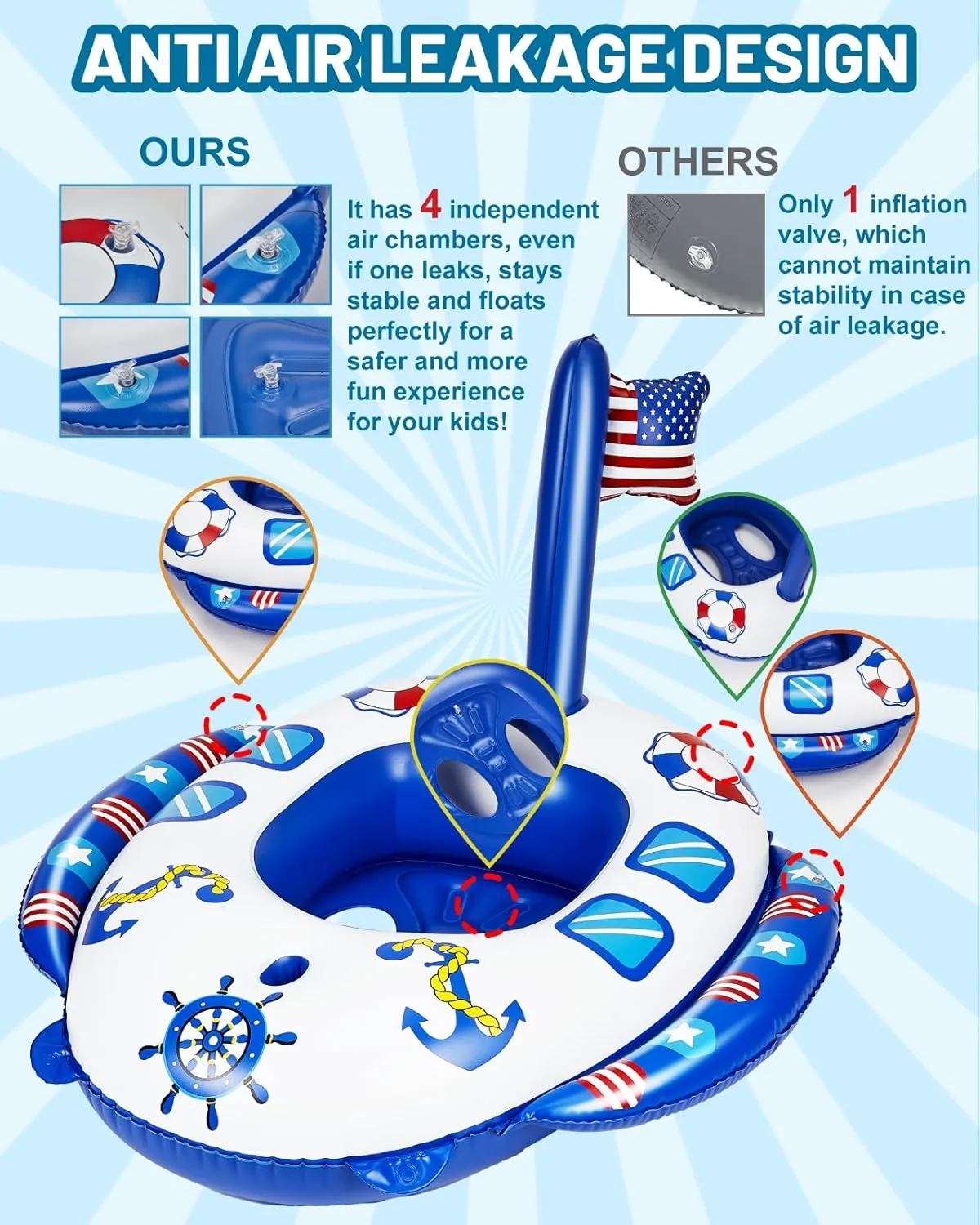 Inflatable Pool Floats Kids, Pirate Ship Pool Float with Water Gun, Pool Toys for Kids Ages 4-8, Pool Float Safety Seat Swimming Pool Games for Boys Girls Summer Outdoor Party Gift