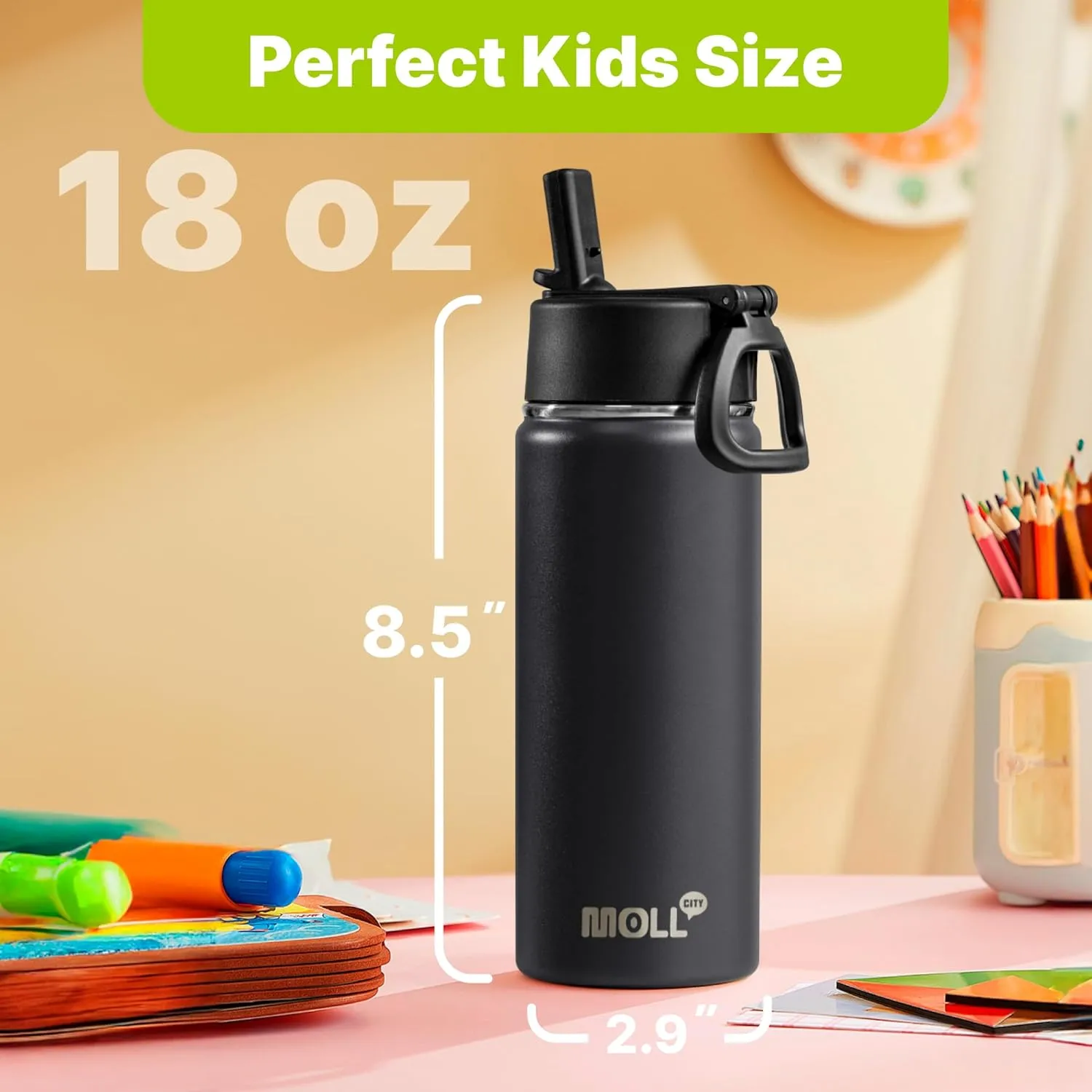Insulated Water Bottle with Straw-18 oz Stainless Steel Double Wall Vacuum Wide Mouth Water Bottle with Silicone Boot for Travel, Sports (Black)