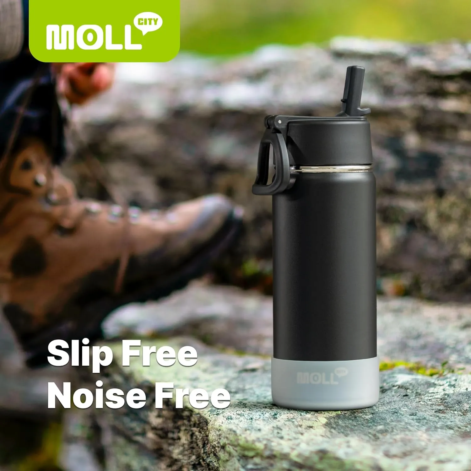 Insulated Water Bottle with Straw-18 oz Stainless Steel Double Wall Vacuum Wide Mouth Water Bottle with Silicone Boot for Travel, Sports (Black)