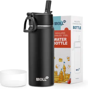 Insulated Water Bottle with Straw-18 oz Stainless Steel Double Wall Vacuum Wide Mouth Water Bottle with Silicone Boot for Travel, Sports (Black)