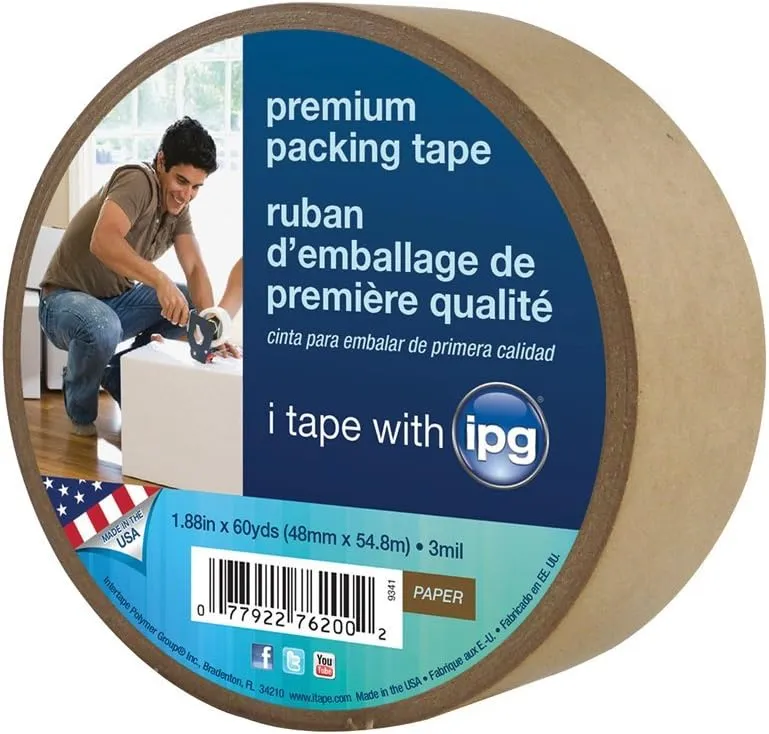 IPG 9341 Kraft Paper Flatback Premium Packing Tape, 1.88" x 60 yd, Brown, (Single Roll) (packaging may vary)