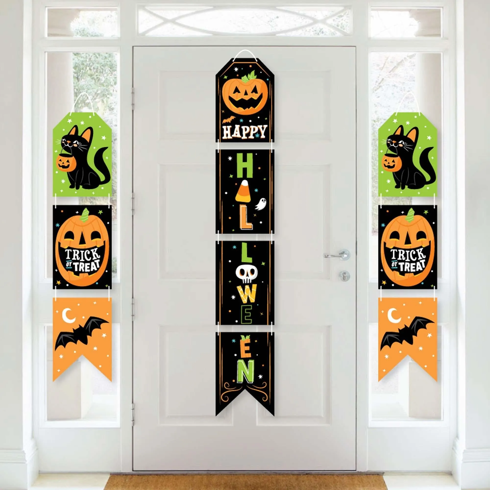 Jack-O'-Lantern Halloween - Hanging Vertical Paper Door Banners - Kids Halloween Party Wall Decoration Kit - Indoor Door Decor