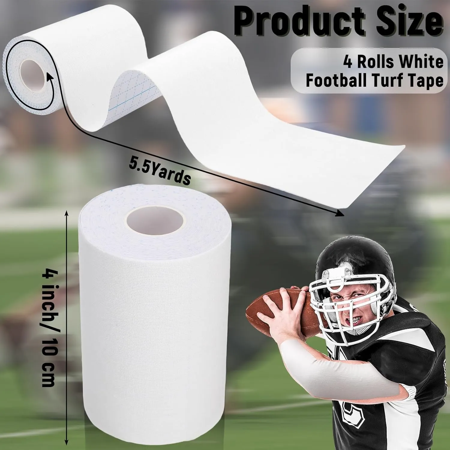 Jenaai 4 Pcs Football Turf Tape Sports Tape Extra Wide Athletic Turf Tape Waterproof Flexible for Arms Sticky Tape for Athlete and Sport Trainers Accessories, 5.5 Yards Each Roll(White)