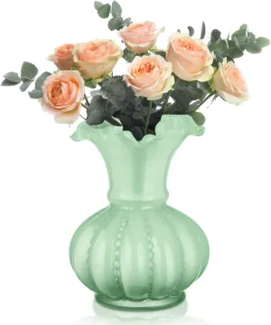 Joeyan Handmade Green Glass Flower Vase,7.9" Vintage Decorative Urn Vase for Centrepieces Bouquet Wedding,Colored Thickened Pedestal Vase Decorations for Rustic Home Living Room Office Farmhouse