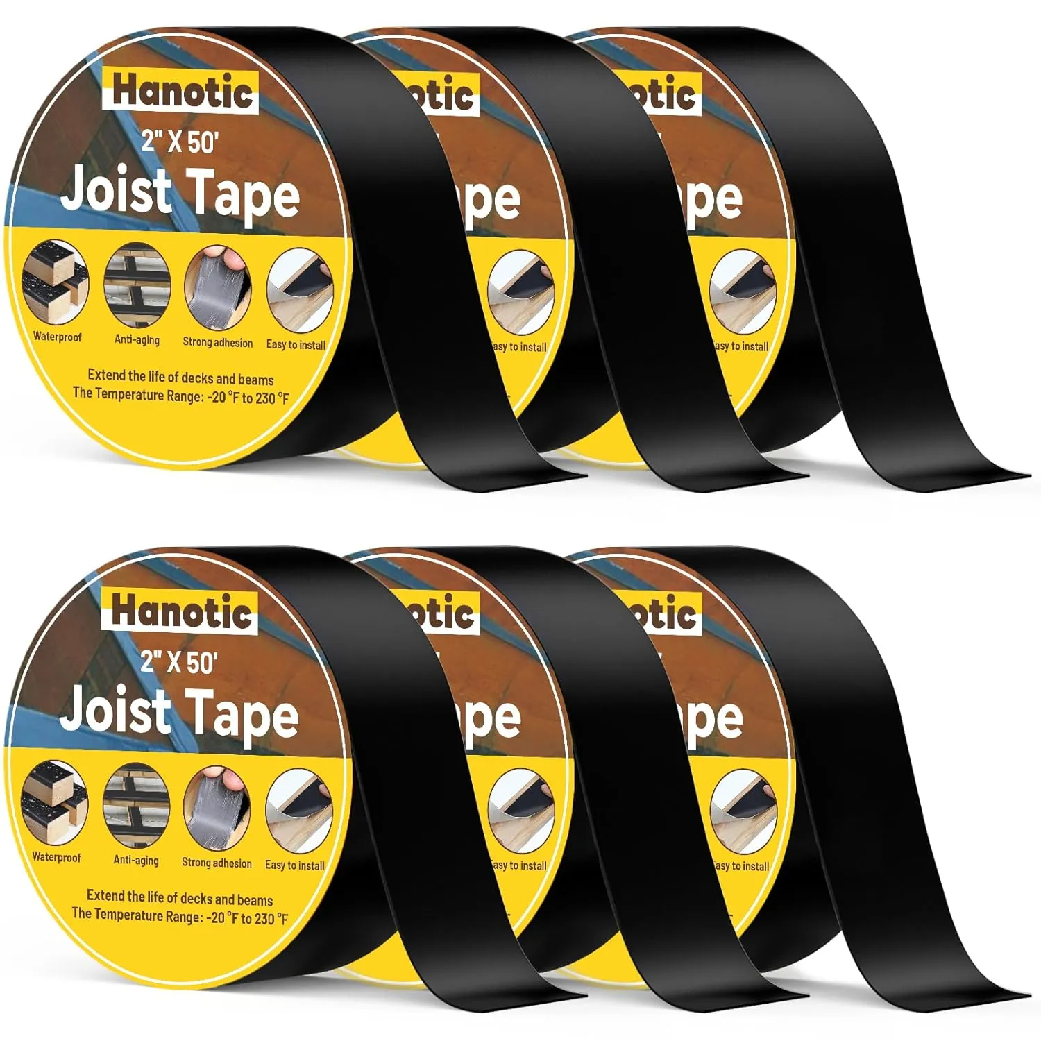 Joist Tape for Decking 2'' X 50', 6 Rolls Weather Resistance Butyl Tape, Waterproof and Anti-Corrosion, Self-Adhesive for Wood Joists Decks Beams Roof Extend Deck Life