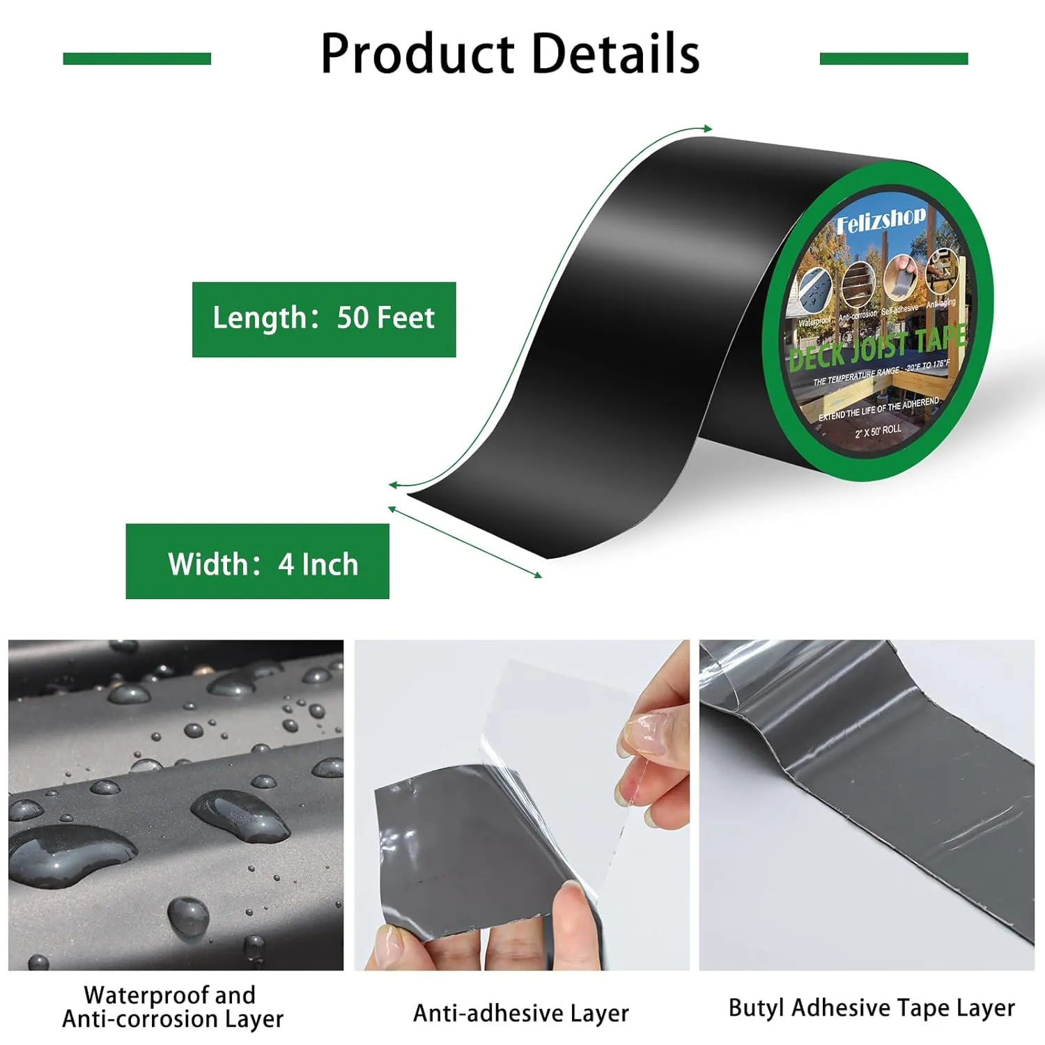 Joist Tape for Decking,4" X 50' Deck Joist Tape,Waterproof Butyl Joist Tape Anti-Corrosion Flashing Tape for Protecting Joist Deck Beams Wood(2 Rolls)