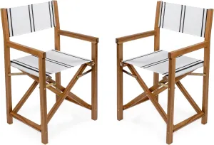 JONATHAN Y DRC1001B-SET2 Cukor Classic Vintage Outdoor Acacia Wood Folding Director Chair with Canvas Seat Mid-Century, Modern, Traditional, Classic, Coastal, White/Black Stripe/Teak Brown (Set of 2)