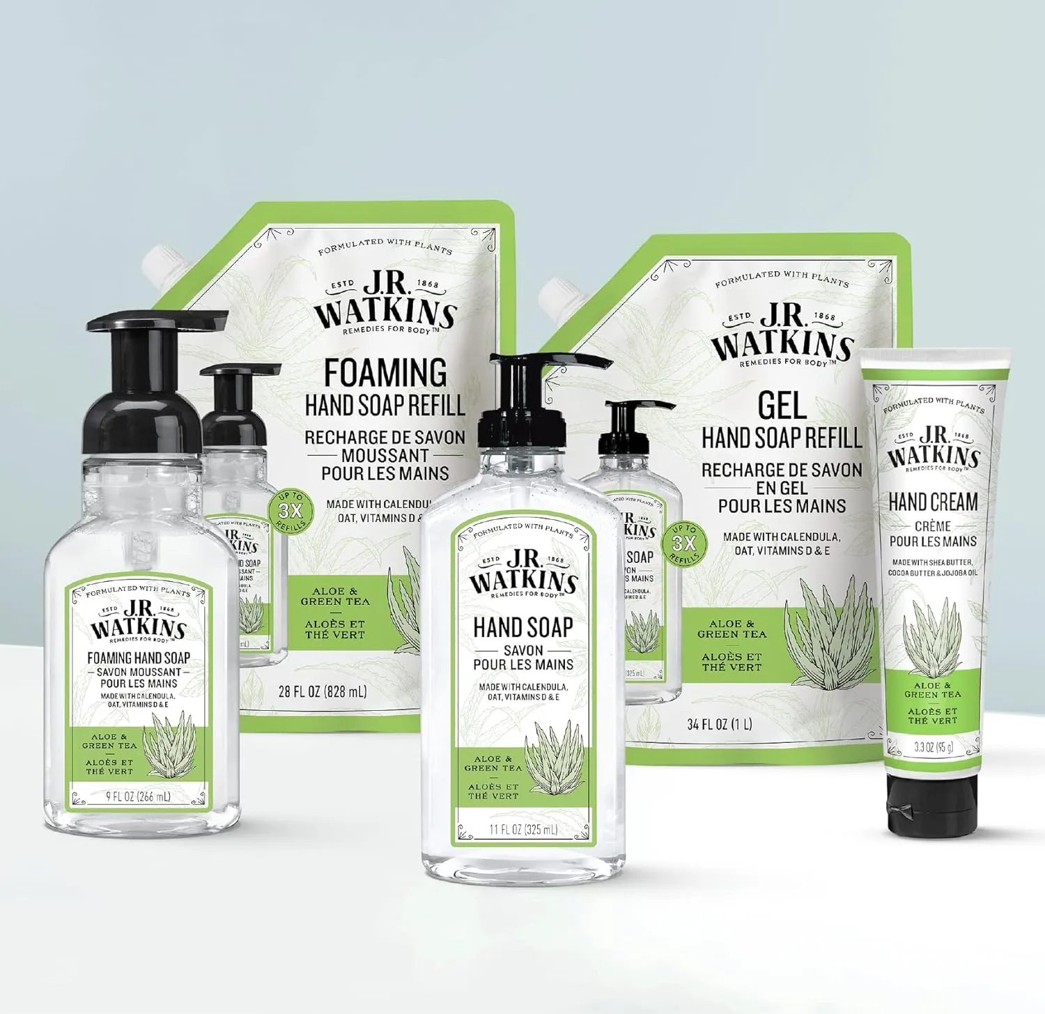 J.R. Watkins Gel Hand Soap Refill, Moisturizing Hand Wash, All Natural, Alcohol-Free, Cruelty-Free, USA Made, Aloe Green Tea, 34 Fl Oz, 3 Pack