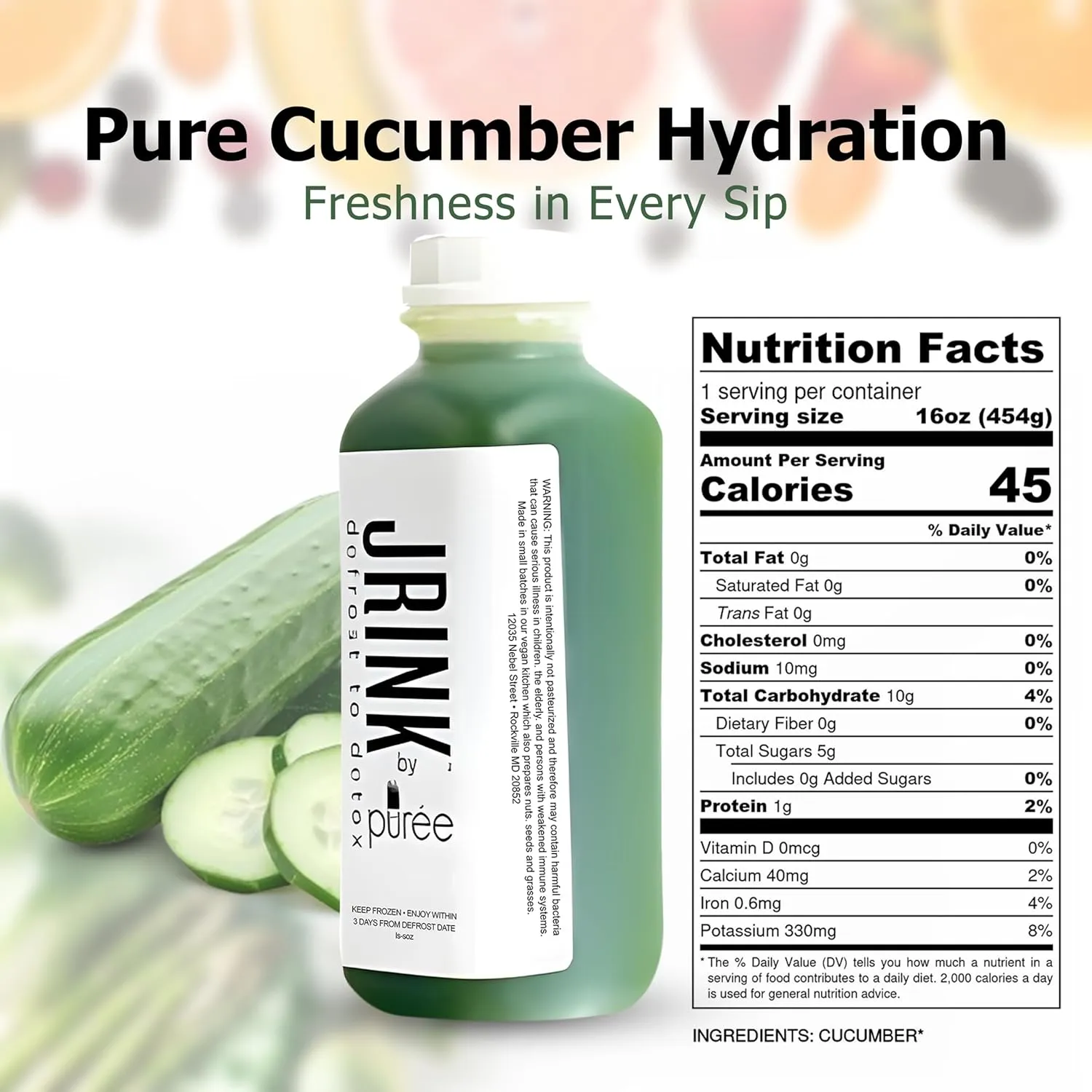 JRINK by Purée Cucumber Juice -Freshly Juiced-on-Demand, Cold Pressed Juices of 100% Organic raw Cucumber, No Preservatives, 12 bottles packed in the safest HDPE plastic, 16oz