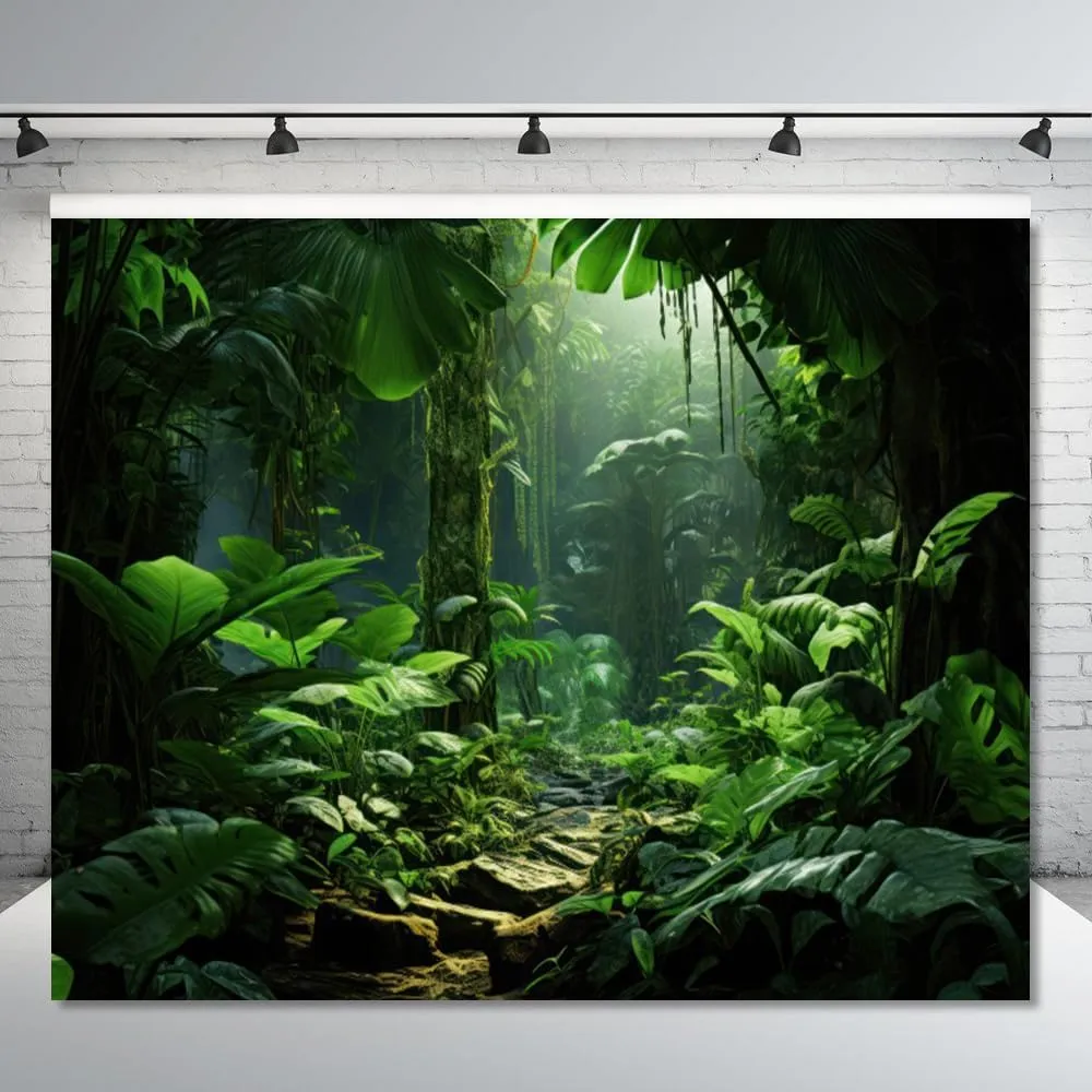 Jungle Forest Backdrop 10x8ft Tropical Rainforest Green Trees and Leaves Safari Photography Background Summer Natural Scenery Birthday Party Backdrops Photo Studio Props