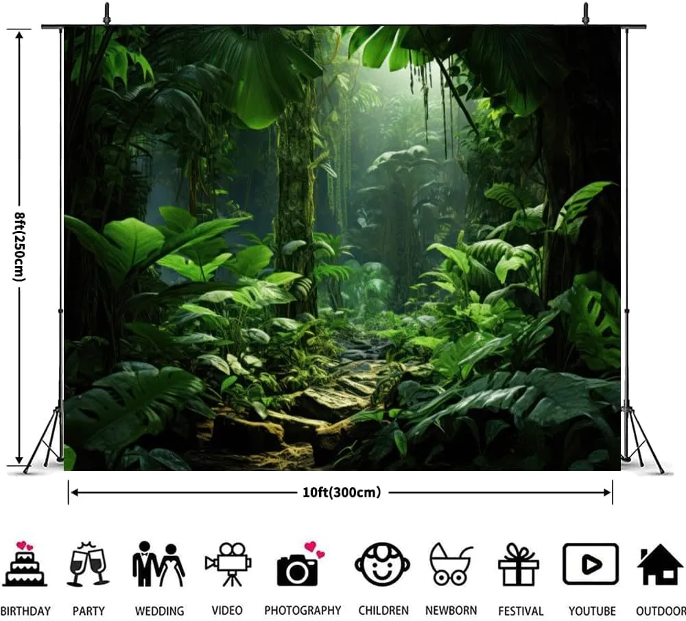 Jungle Forest Backdrop 10x8ft Tropical Rainforest Green Trees and Leaves Safari Photography Background Summer Natural Scenery Birthday Party Backdrops Photo Studio Props
