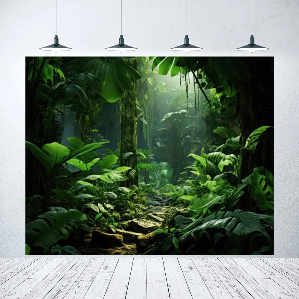 Jungle Forest Backdrop 10x8ft Tropical Rainforest Green Trees and Leaves Safari Photography Background Summer Natural Scenery Birthday Party Backdrops Photo Studio Props