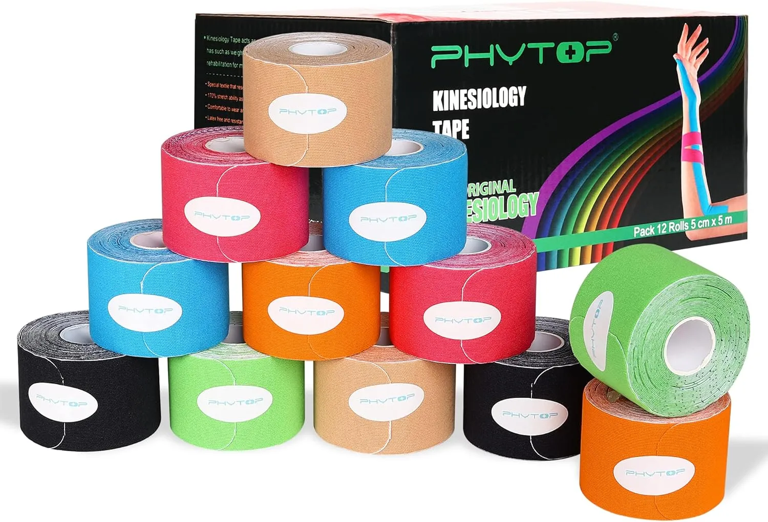 K Tape 12 Roll Pack Athletic Tape - Premium Kinesiology Tape for Knees Shoulders Ankles Elbows, Kinesthetic Tape Pre-Cut by 10" Strip - Latex Free & Breathable (Mixed Colors)