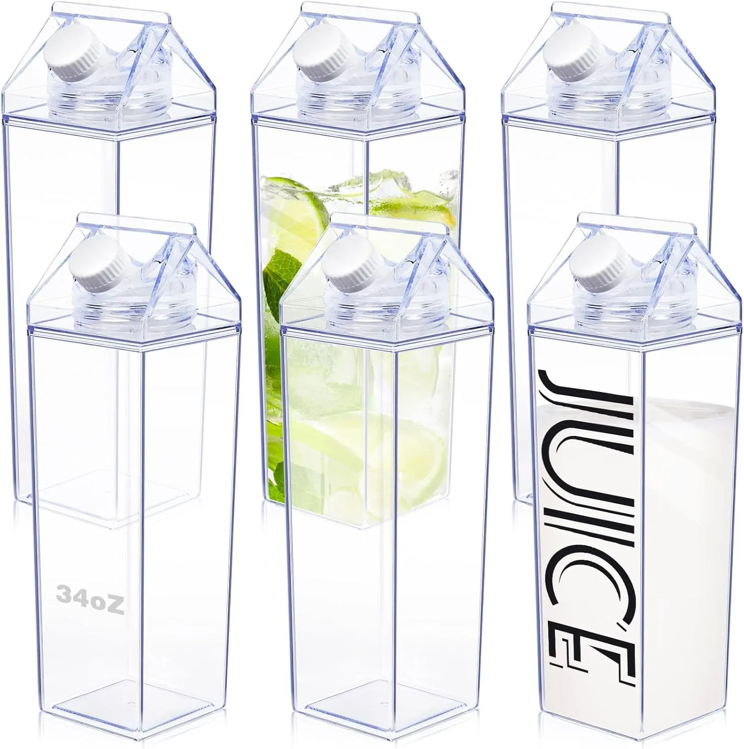 KALYLOC Milk Carton Water Bottle, 34 oz Clear Plastic Milk Box Square Juice Bottle, Portable Reusable Milk Bottles Bulk Water Container for Outdoor Sports Travel Camping Activities (Clean 6pcs)