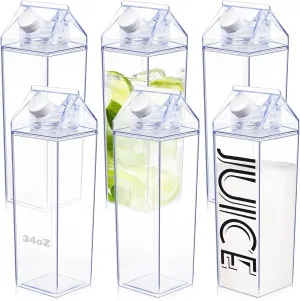 KALYLOC Milk Carton Water Bottle, 34 oz Clear Plastic Milk Box Square Juice Bottle, Portable Reusable Milk Bottles Bulk Water Container for Outdoor Sports Travel Camping Activities (Clean 6pcs)